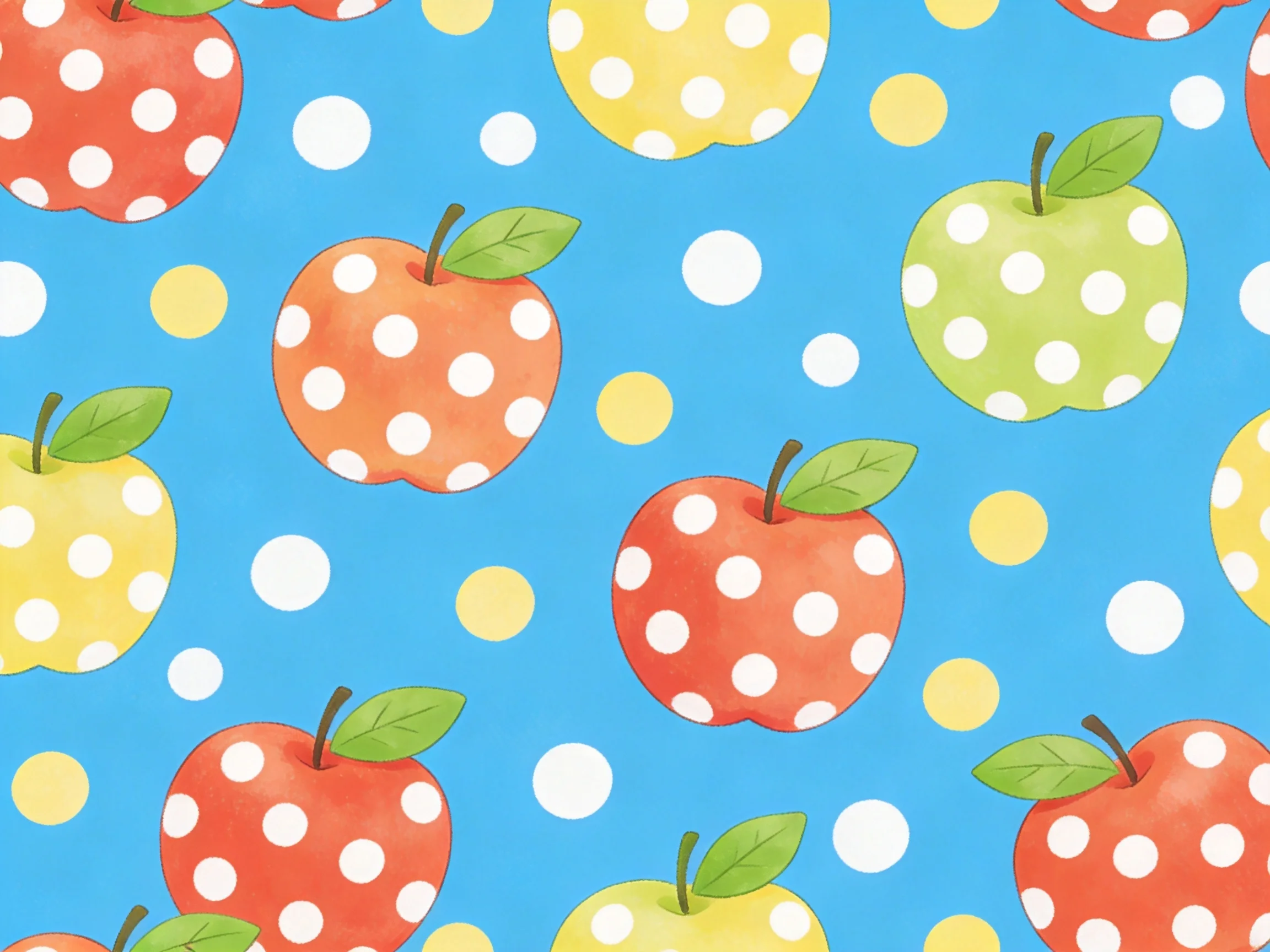 Colorful polka - dotted apples on a bright blue patterned background