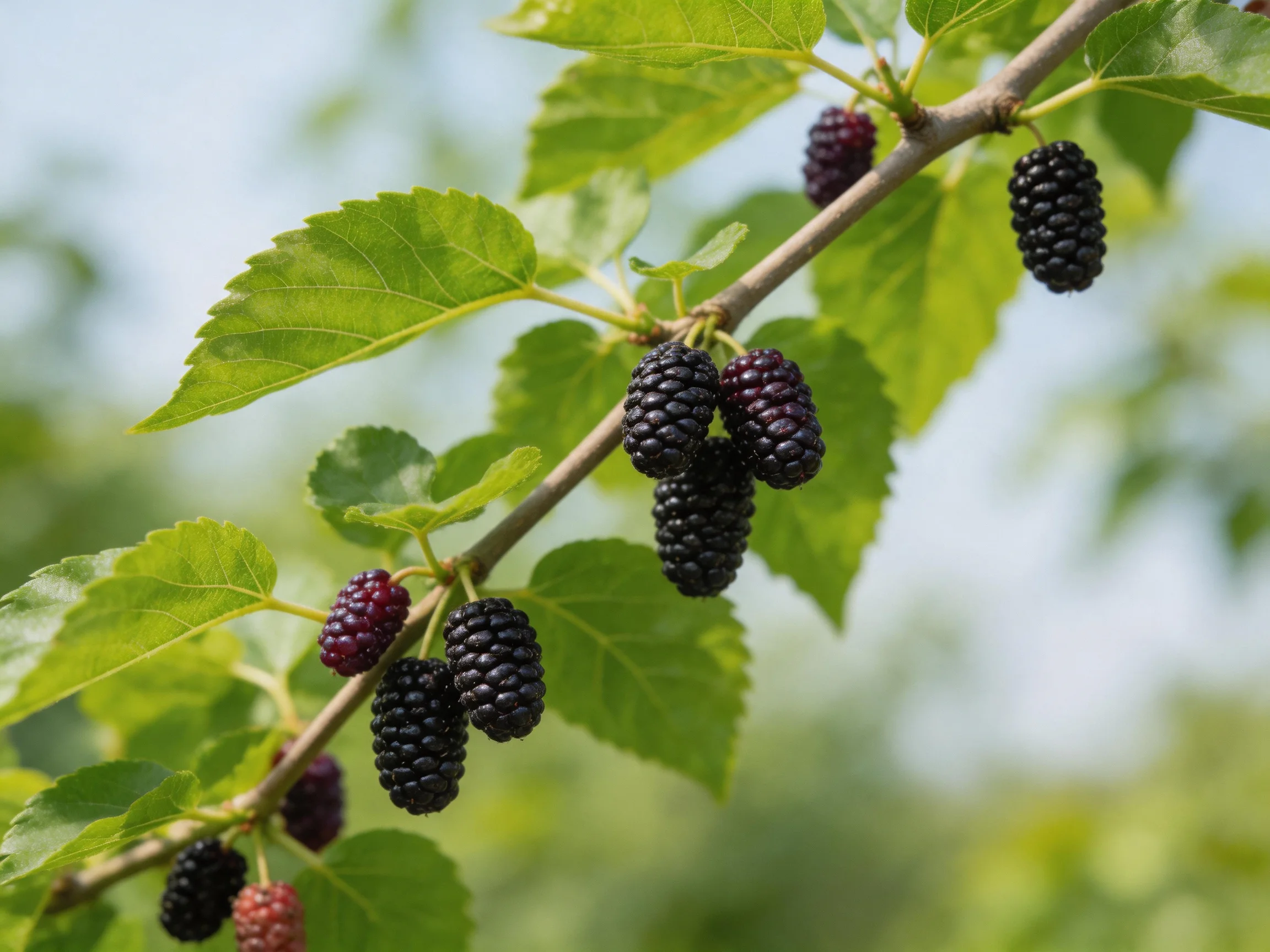 Dark purple and reddish mulberries cluster on a leafy branch