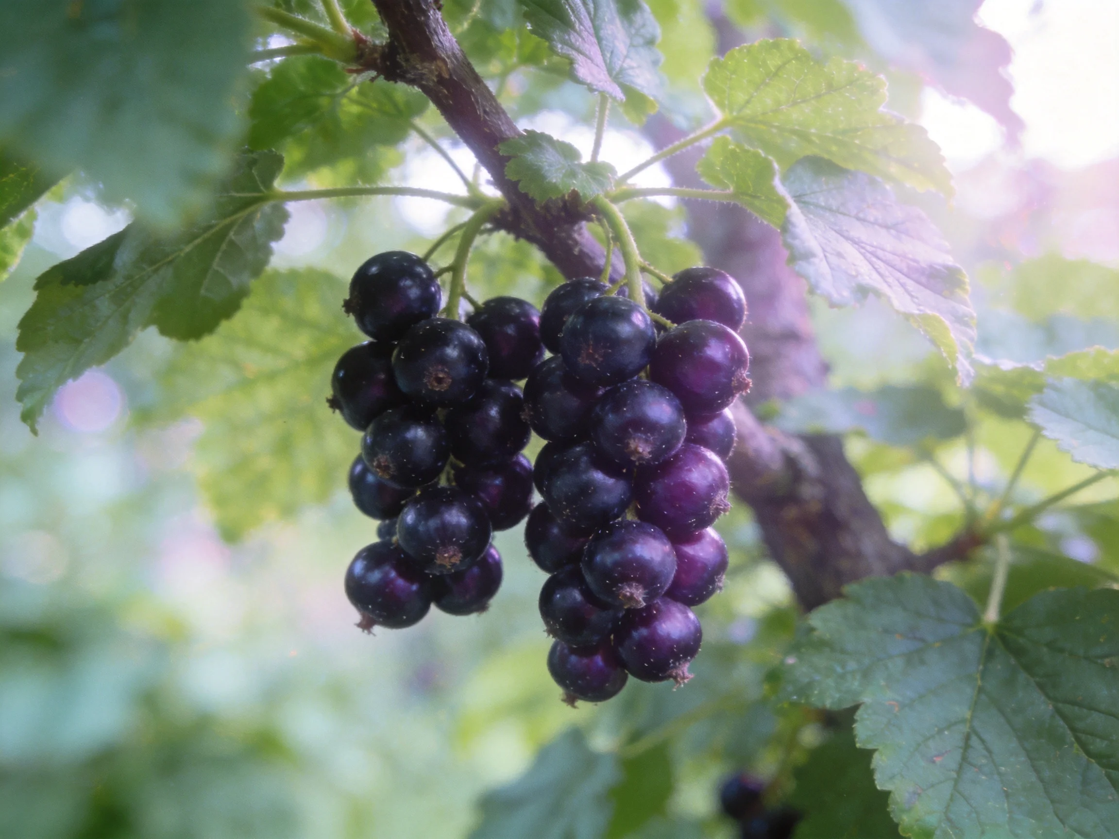 Dark purple berries cluster on a branch amid green foliage
