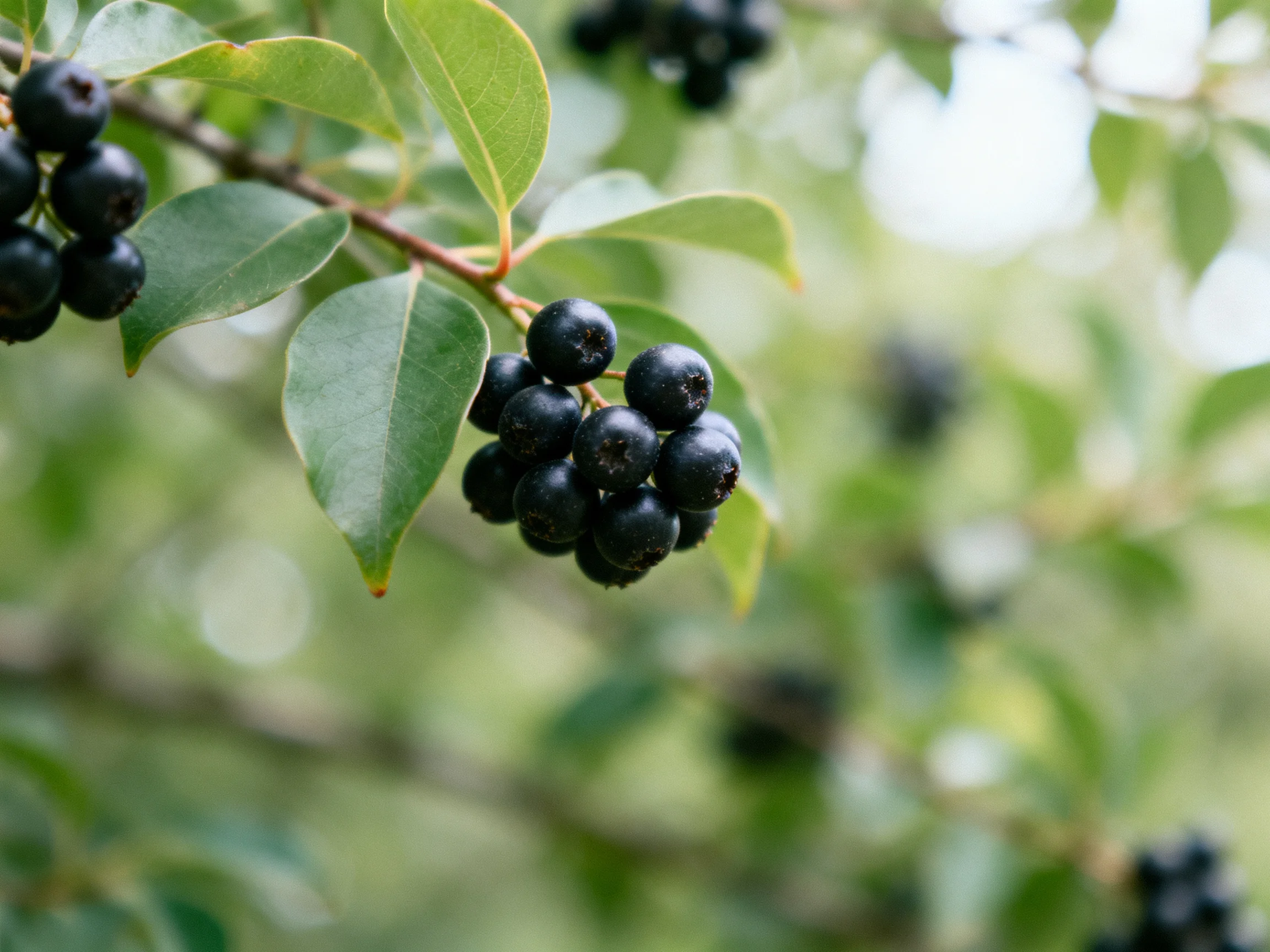 Dark purple berry clusters adorn branches with glossy green leaves.
