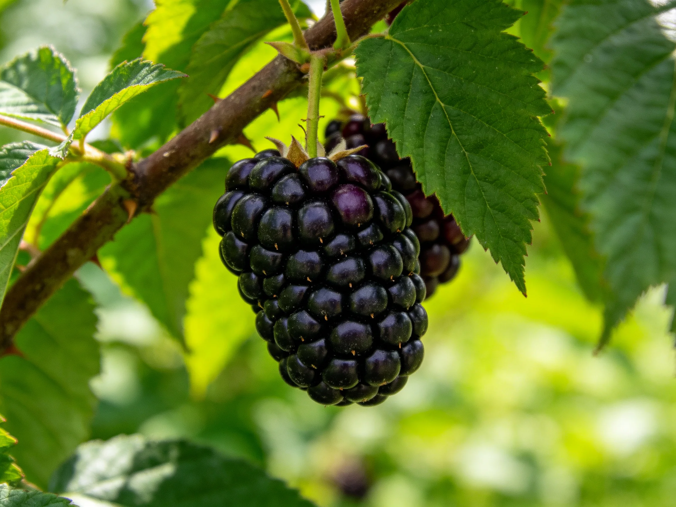 Dark purple blackberries cluster on a thorny branch with green leaves