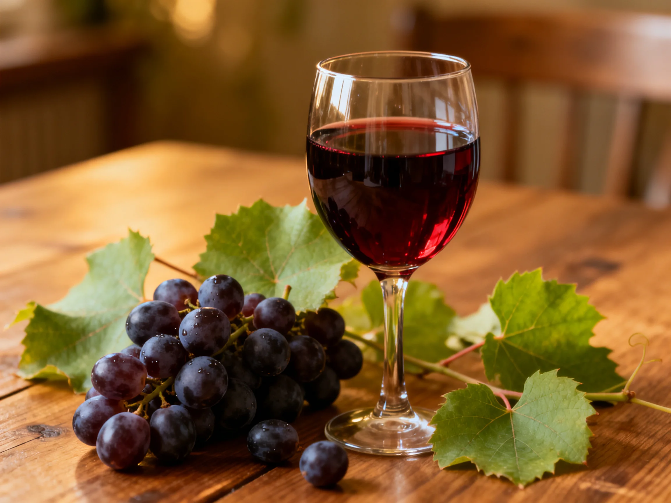 Dark purple grapes and a filled wine glass on a wooden table