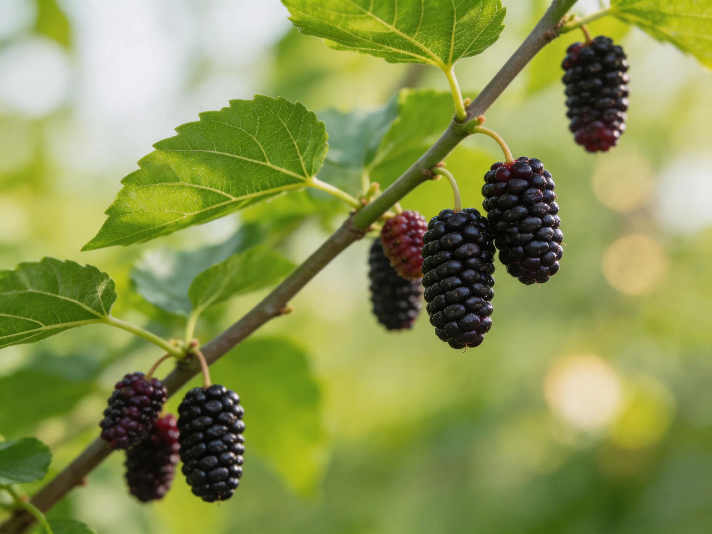 Dark purple mulberries hang from a branch with vibrant green leaves