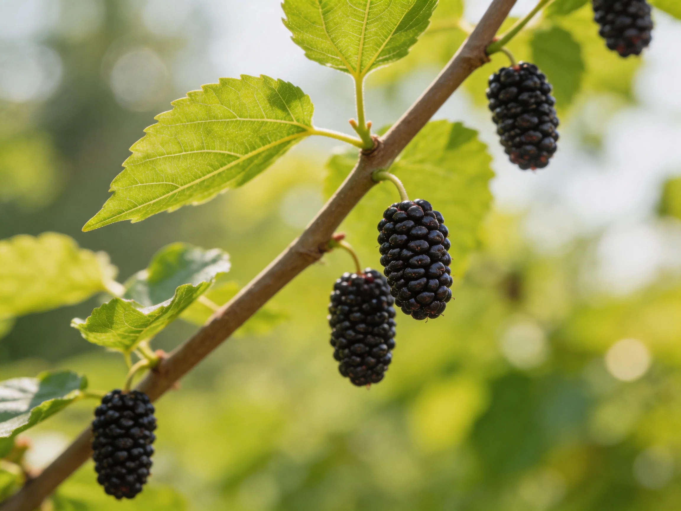 Dark purple mulberries hang from a brown tree branch with vibrant green leaves