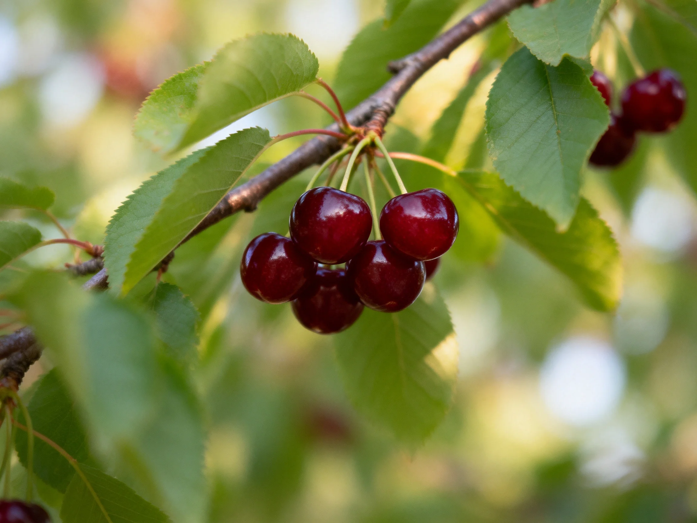 Dark red cherries clustered on a tree branch amid green foliage