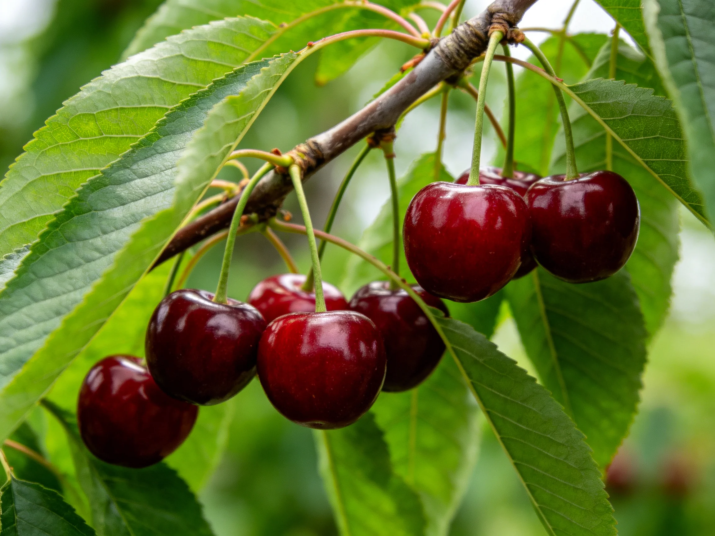 Dark red cherries hang from a branch amid vibrant green leaves