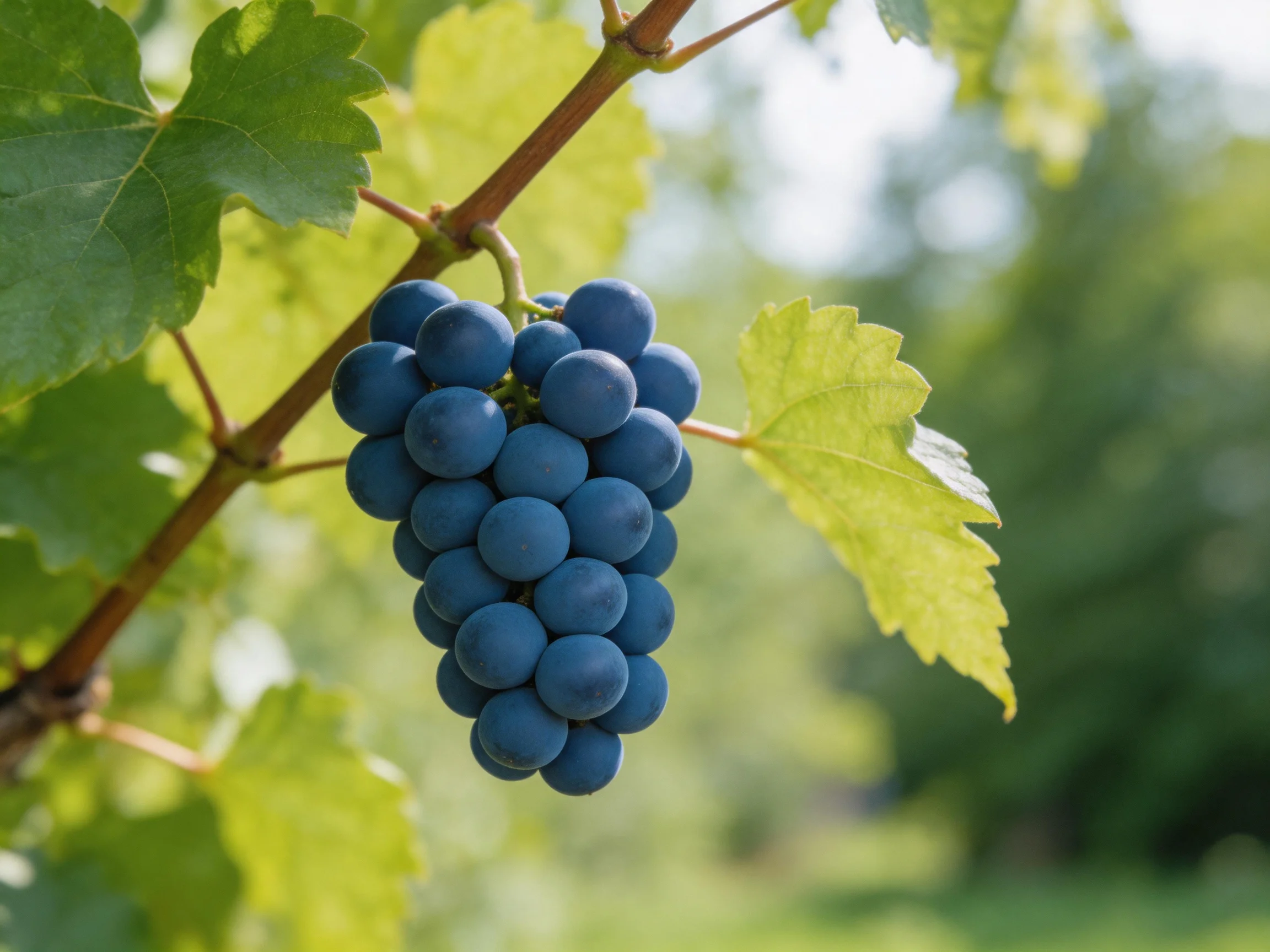 Deep blue grapes cluster on a vine with lush green foliage