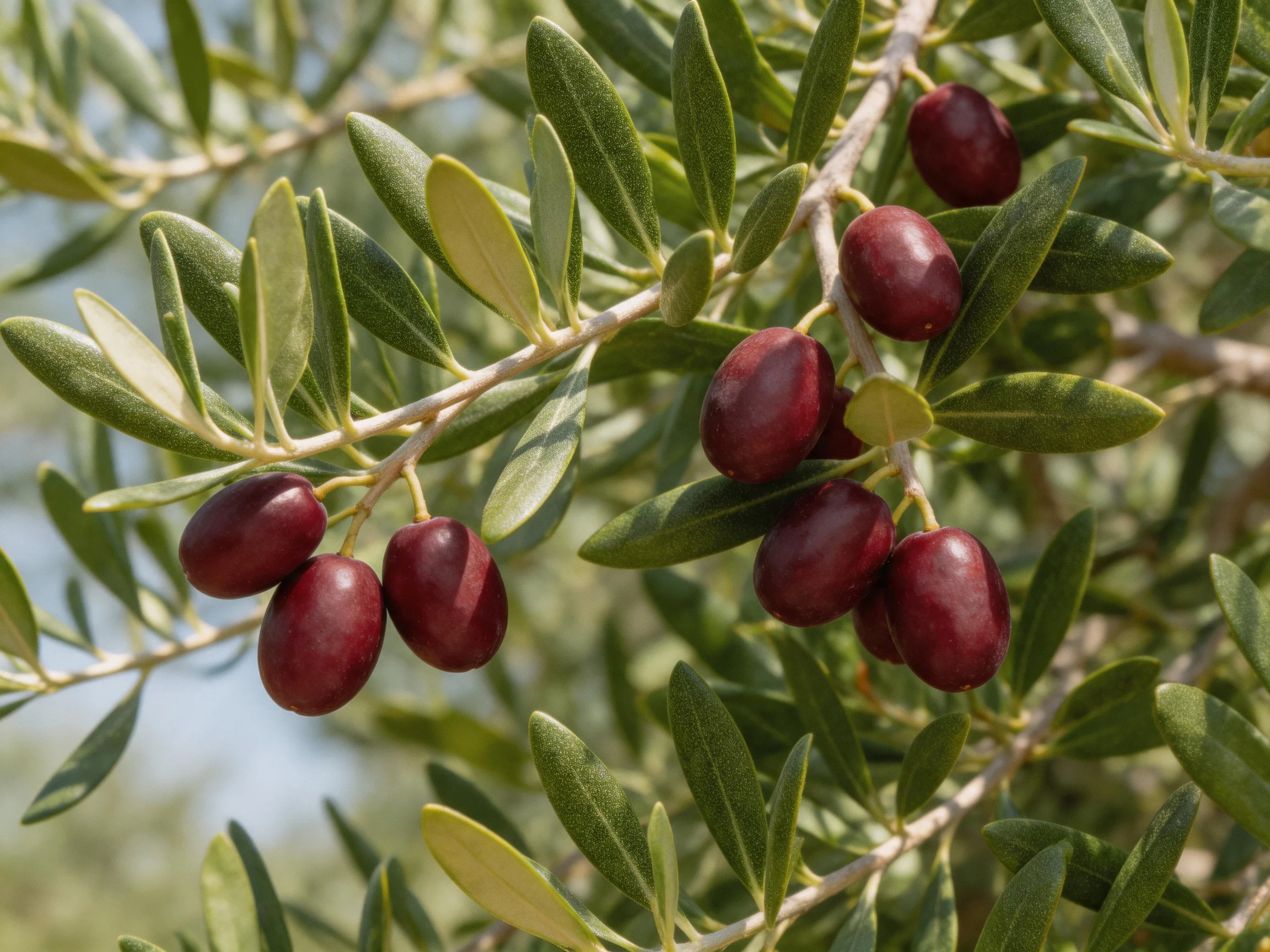 Deep purple olives cluster on an olive tree with glossy green leaves