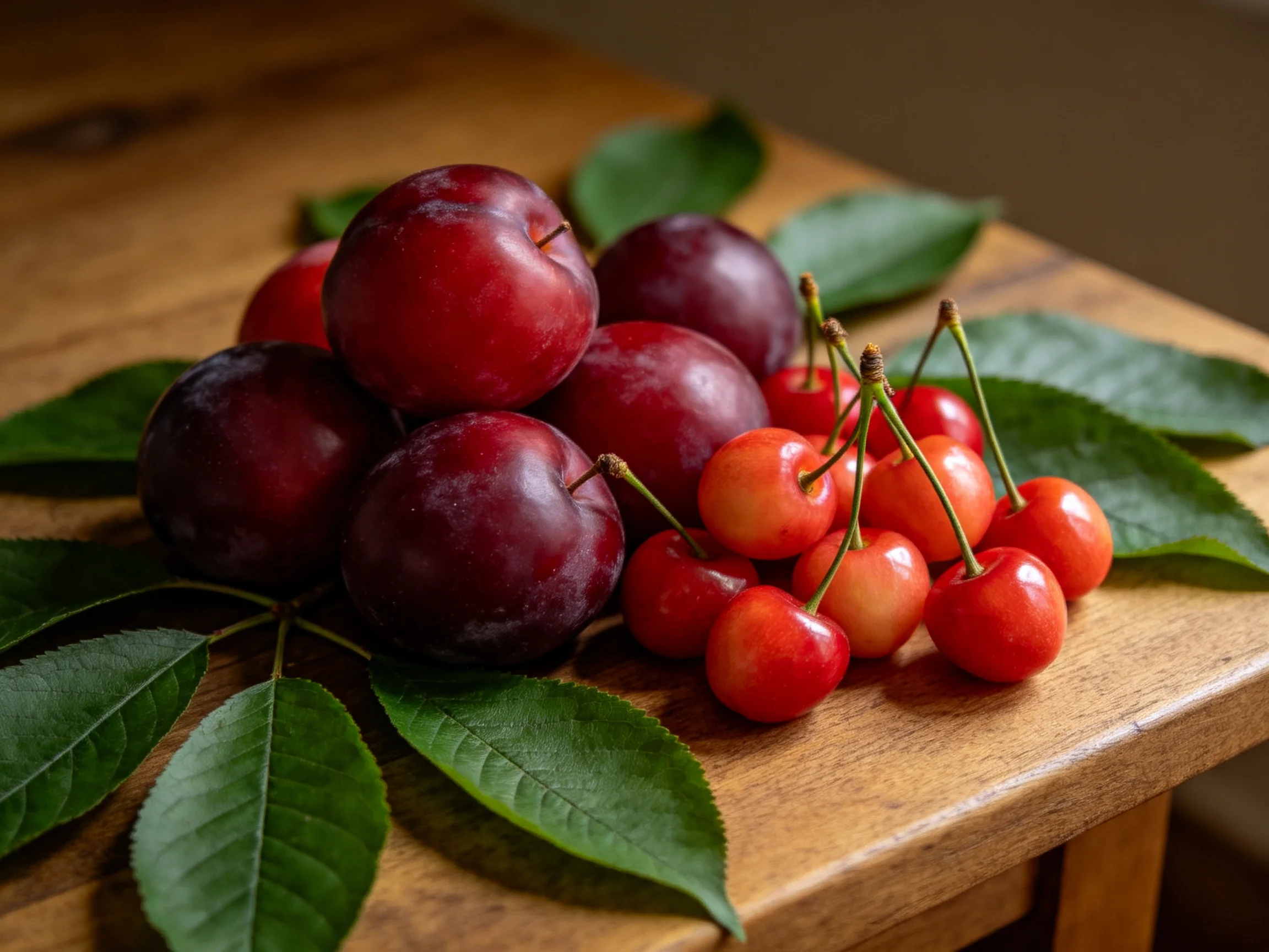 Deep purple plums and bright red cherries with green leaves on a wooden surface