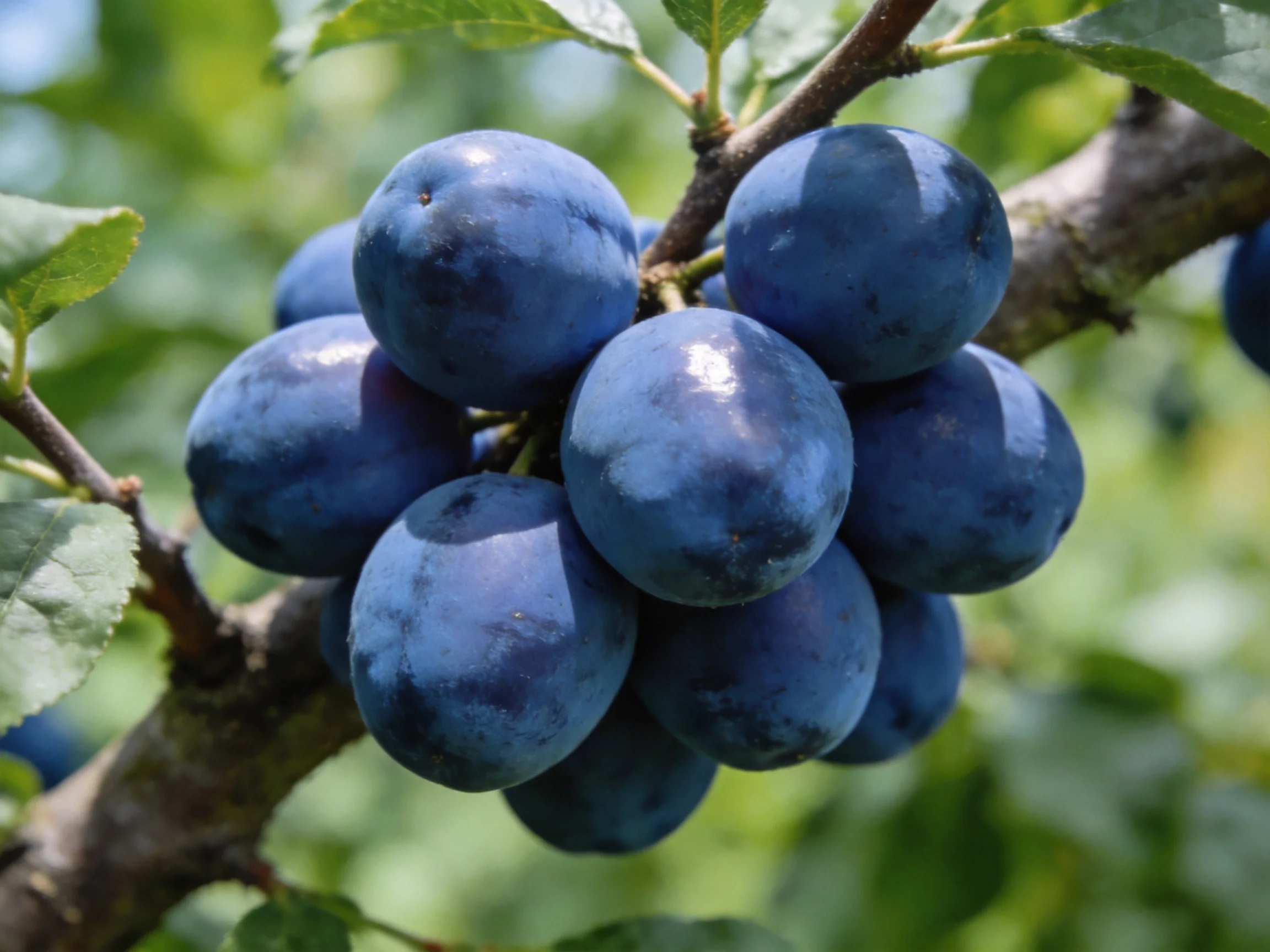 Deep purple plums cluster on a tree branch with green foliage