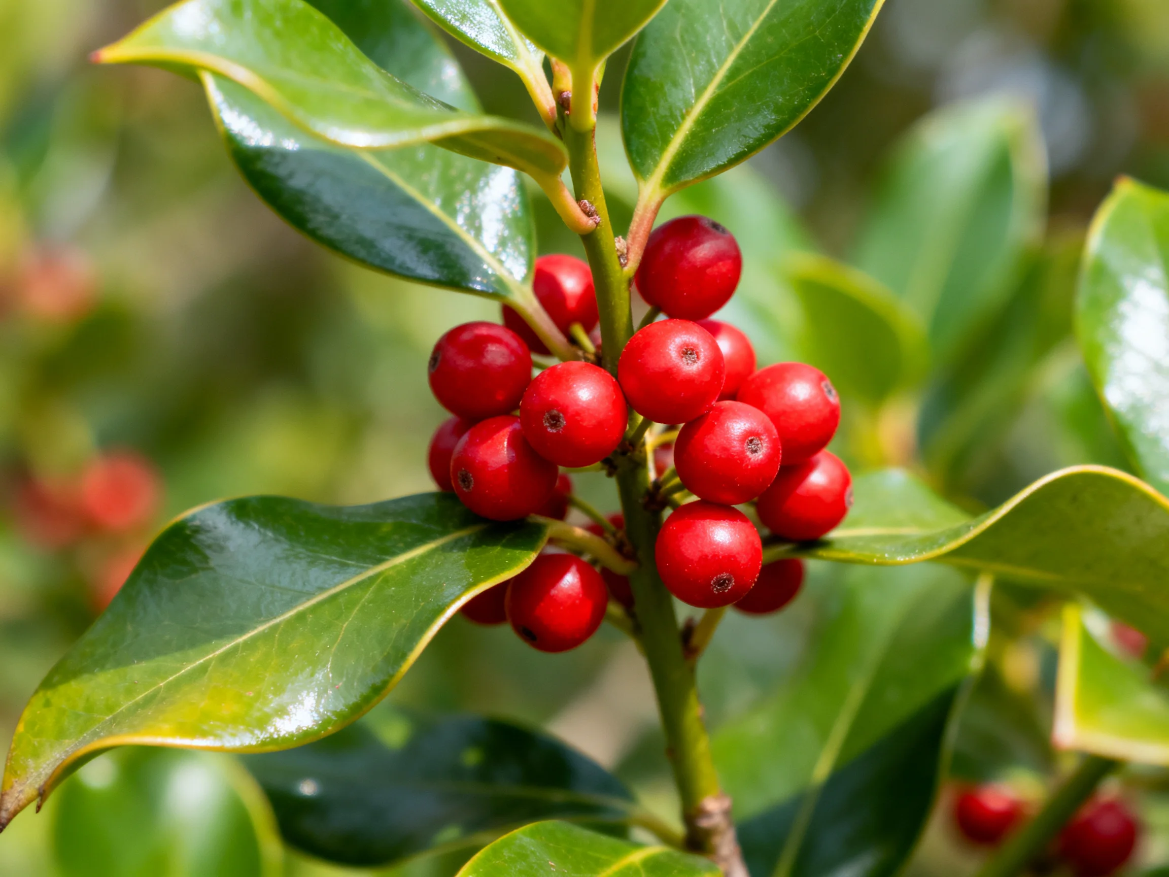 Dense cluster of bright red berries on glossy green holly-like leaves