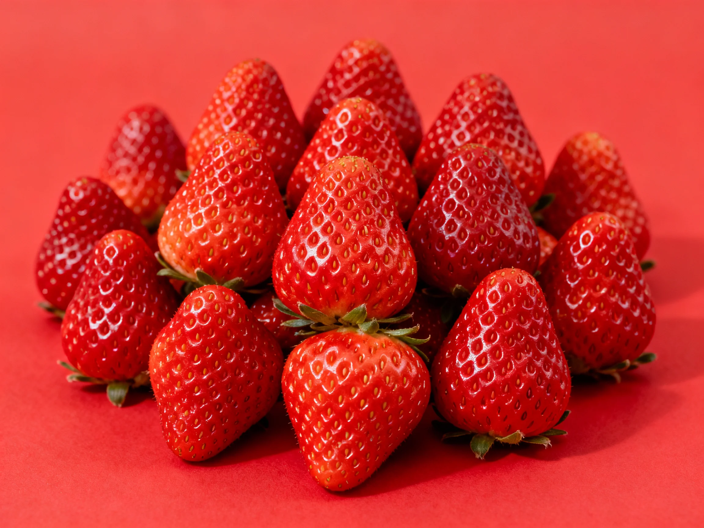 Dense cluster of bright red, ripe strawberries