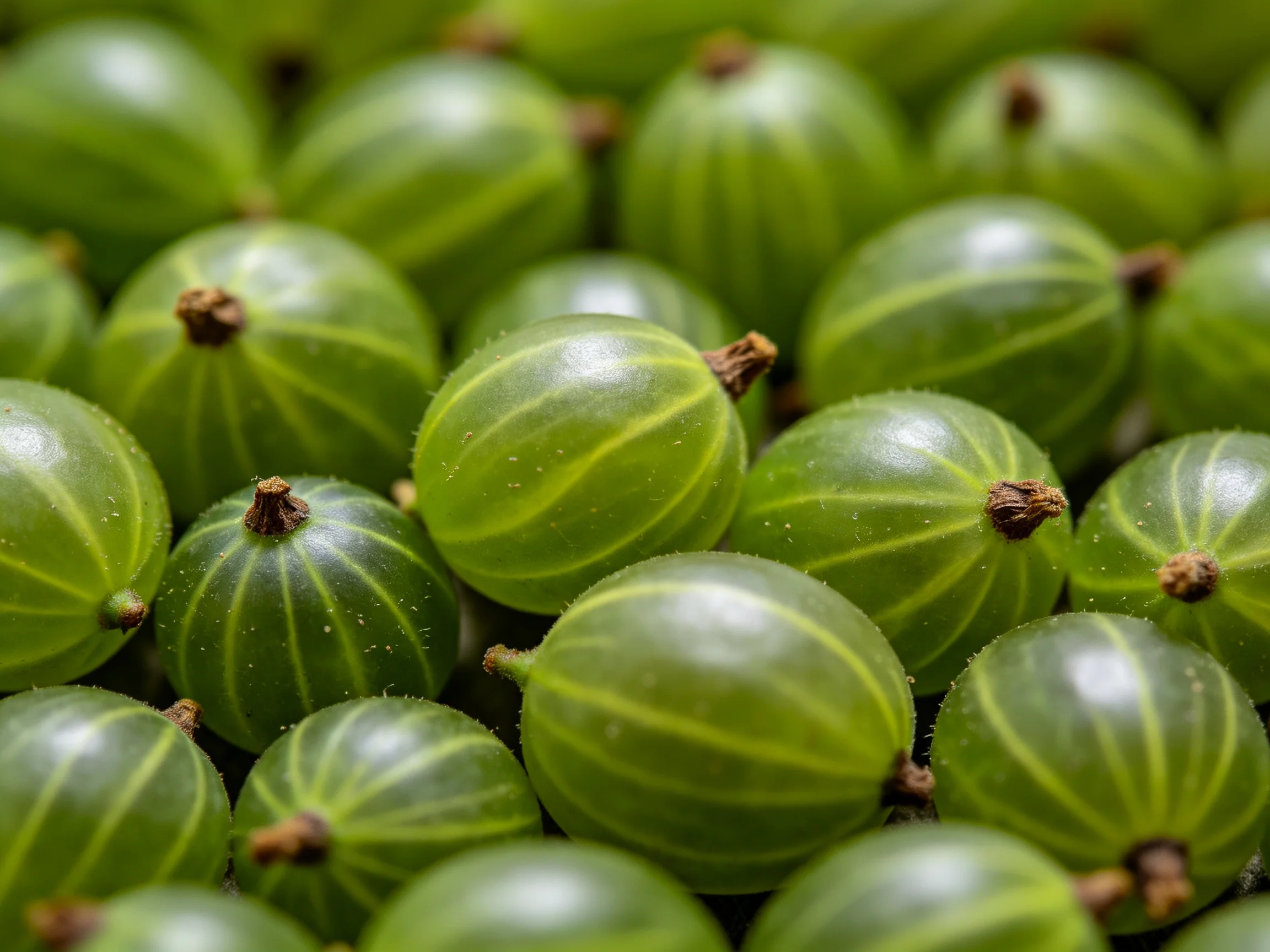 Dense cluster of fresh green gooseberries with yellow stripes