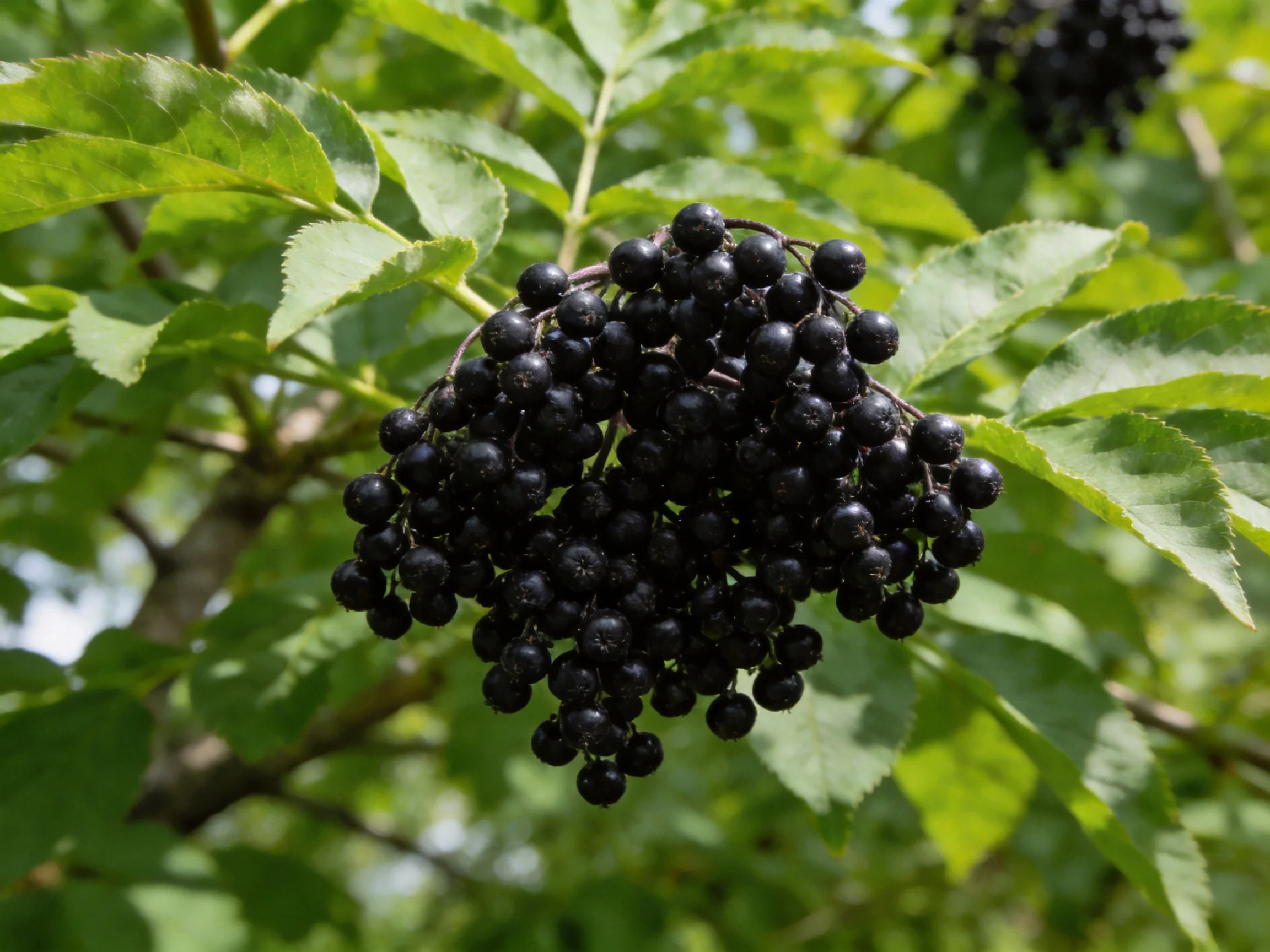 Dense cluster of glossy black berries amid lush green foliage