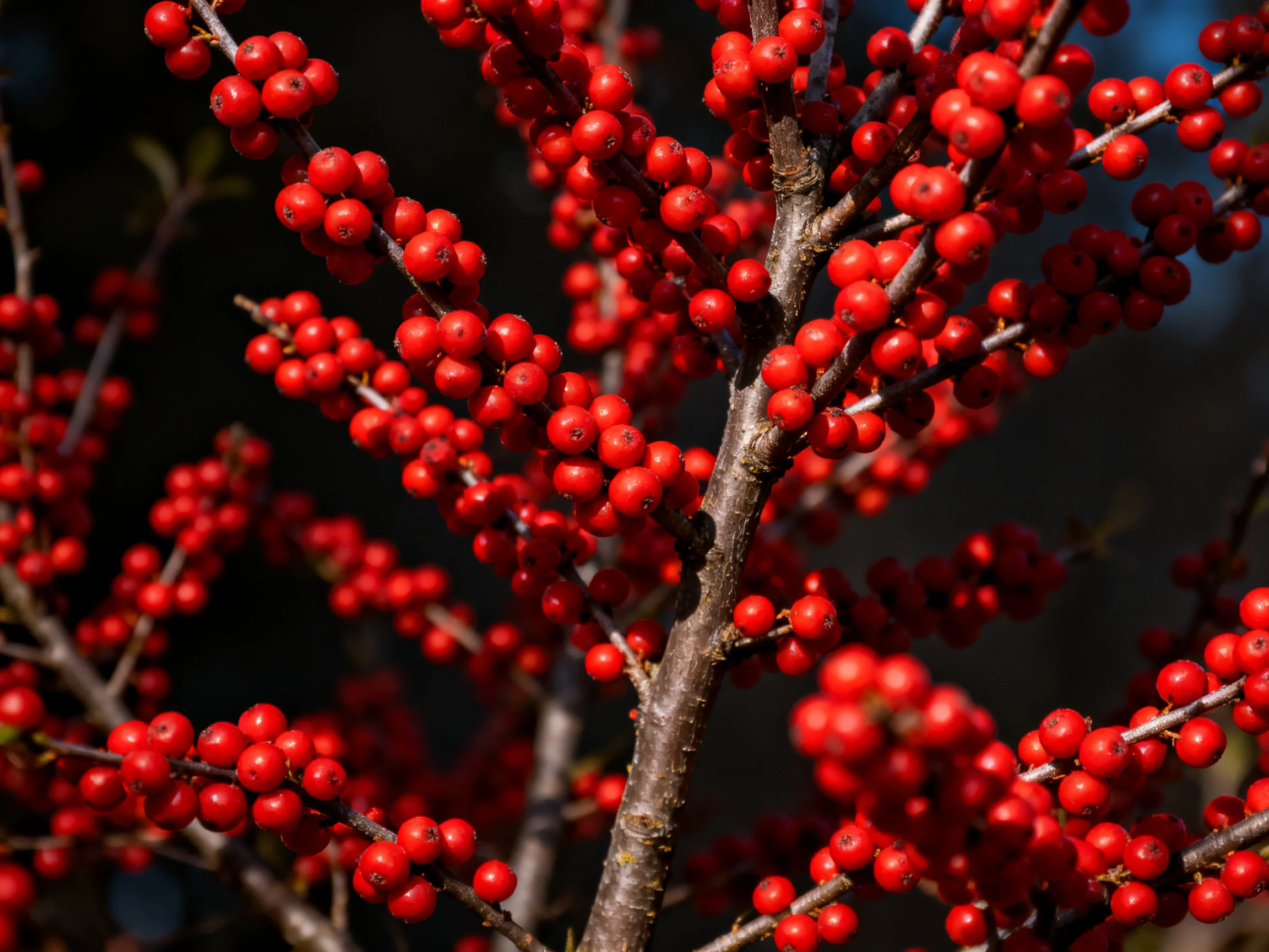 Dense clusters of bright red berries on slender brown branches