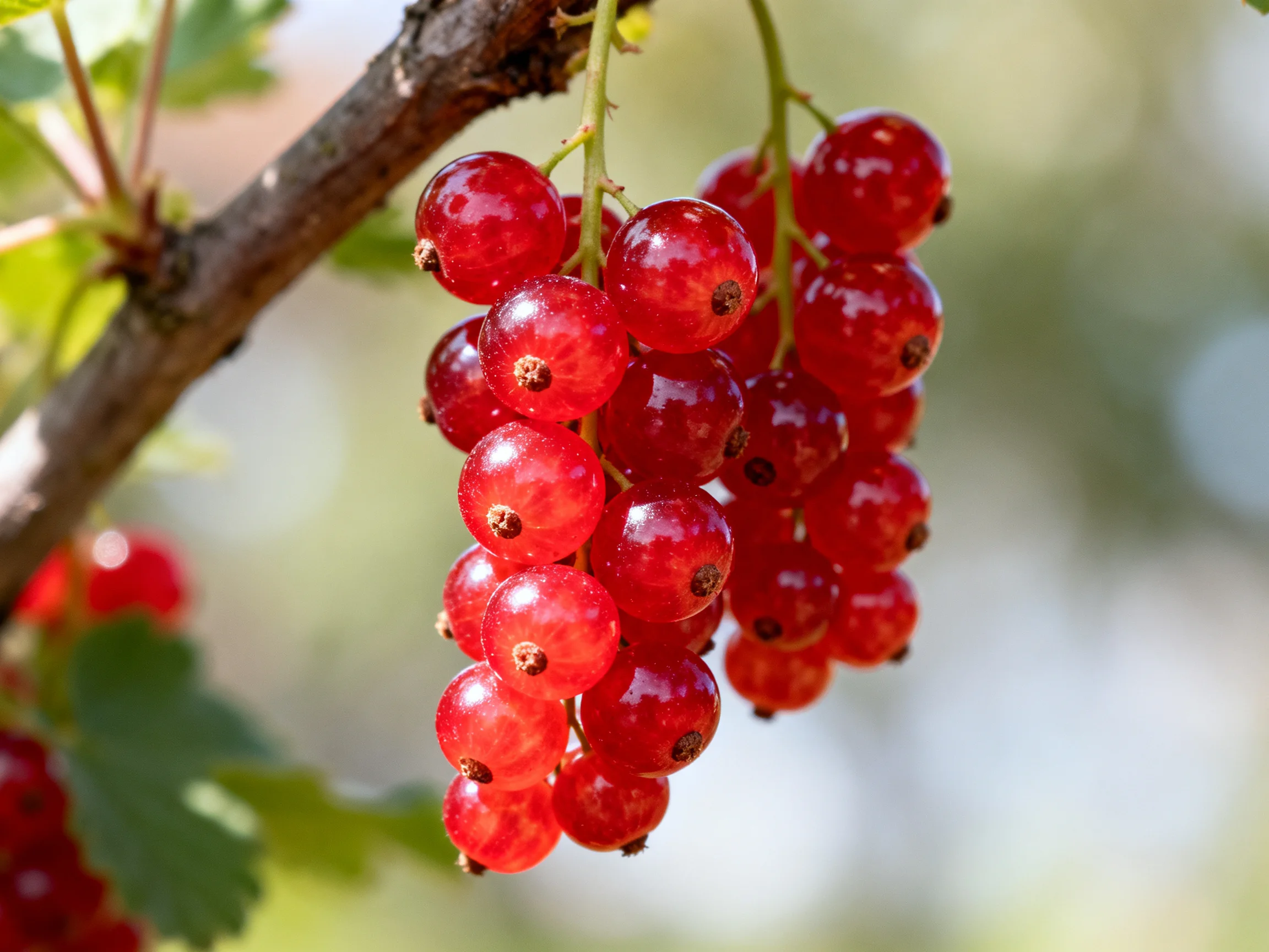 Dense clusters of bright red currants hang from a branch