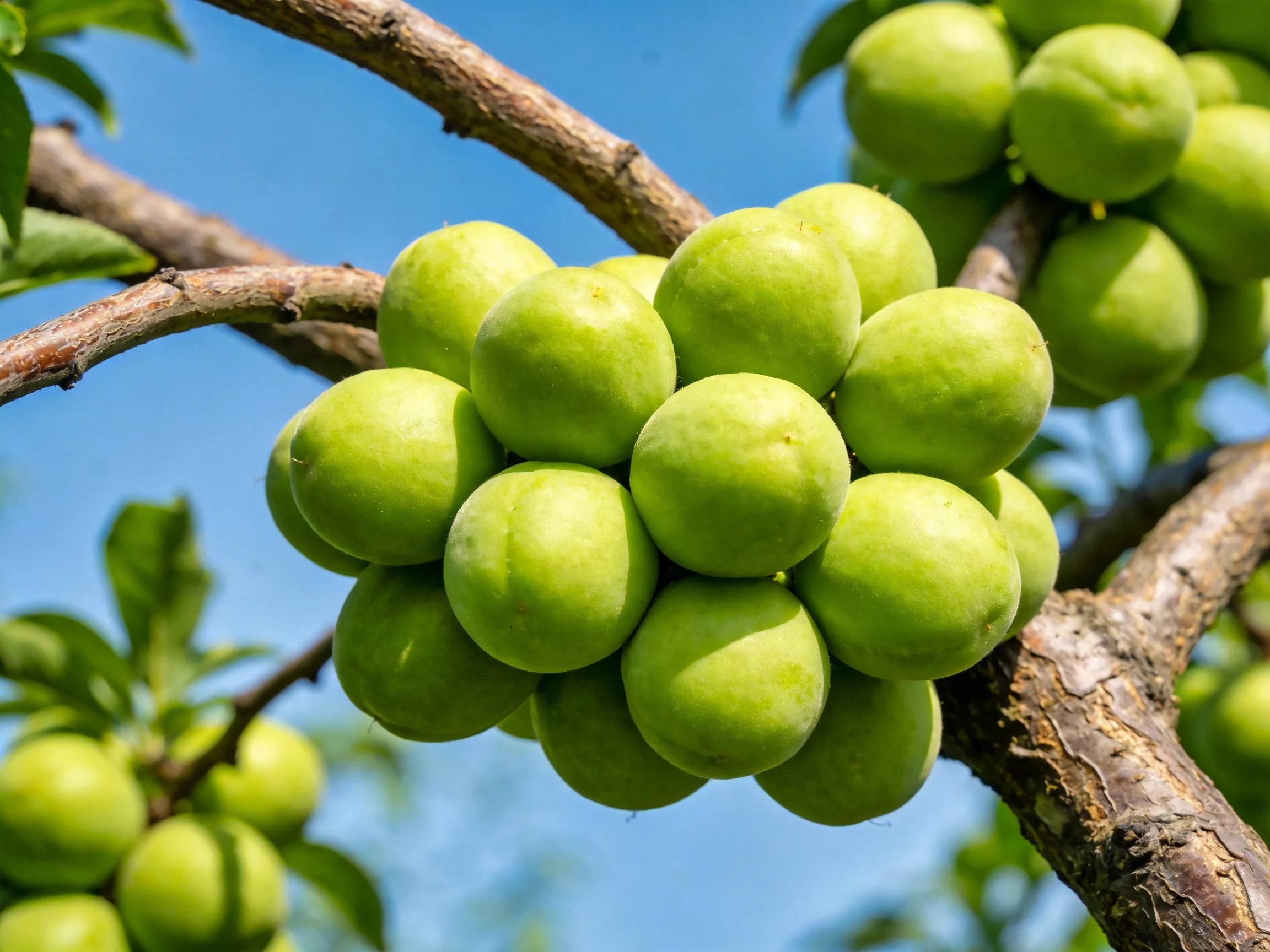 Dense clusters of fresh green plums adorn tree branches