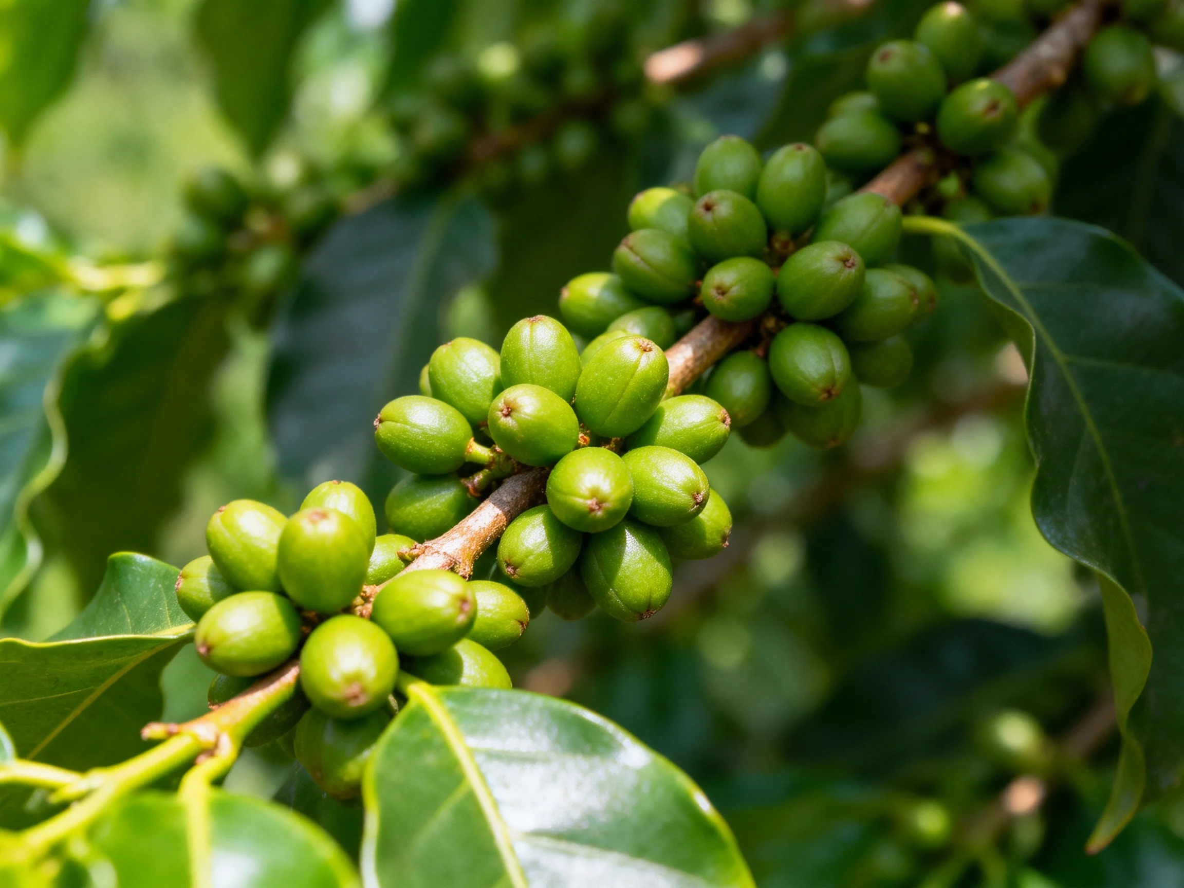 Dense green coffee berry clusters on a brown tree branch
