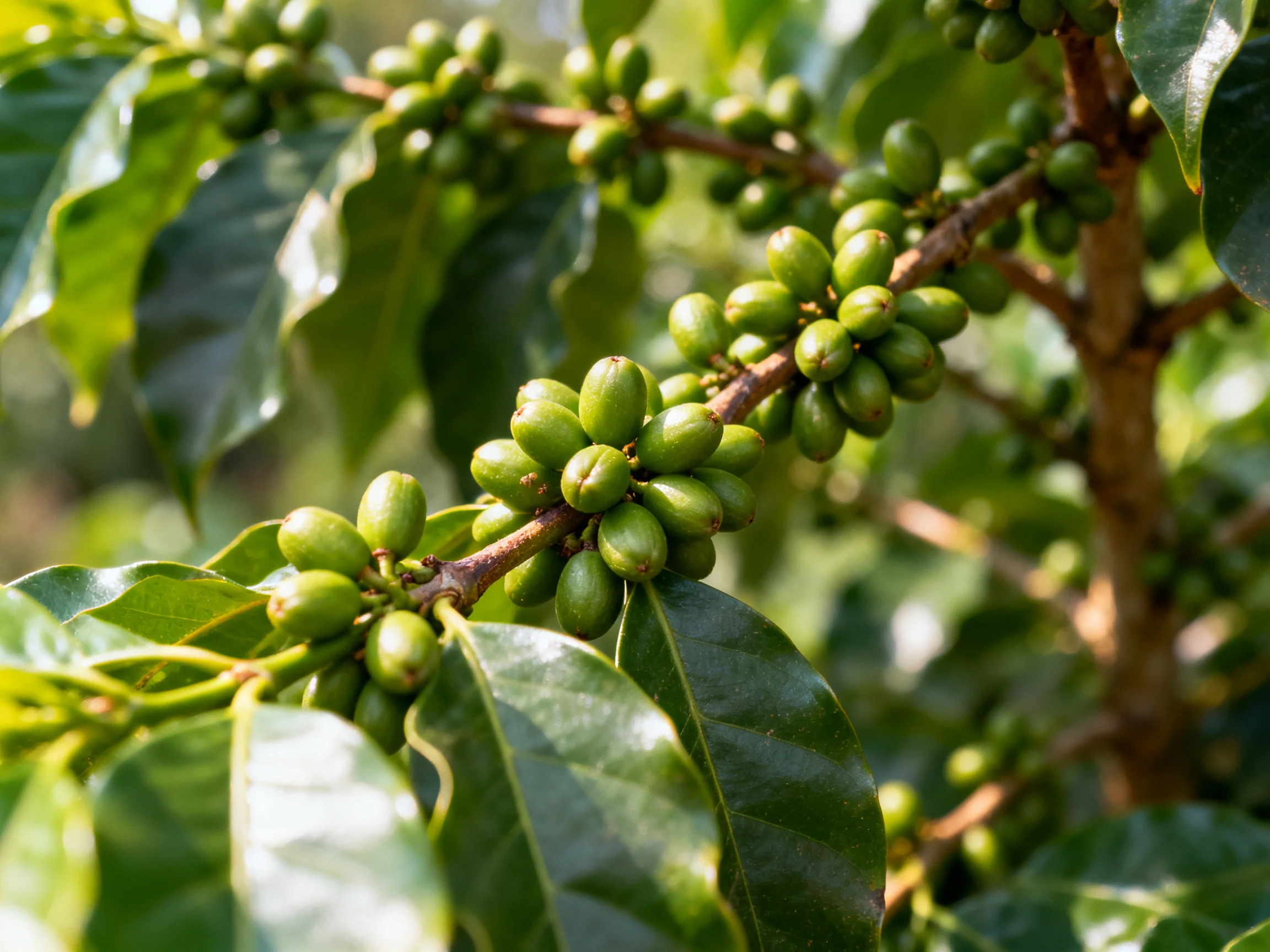 Dense green coffee cherry clusters on brown branches with glossy leaves