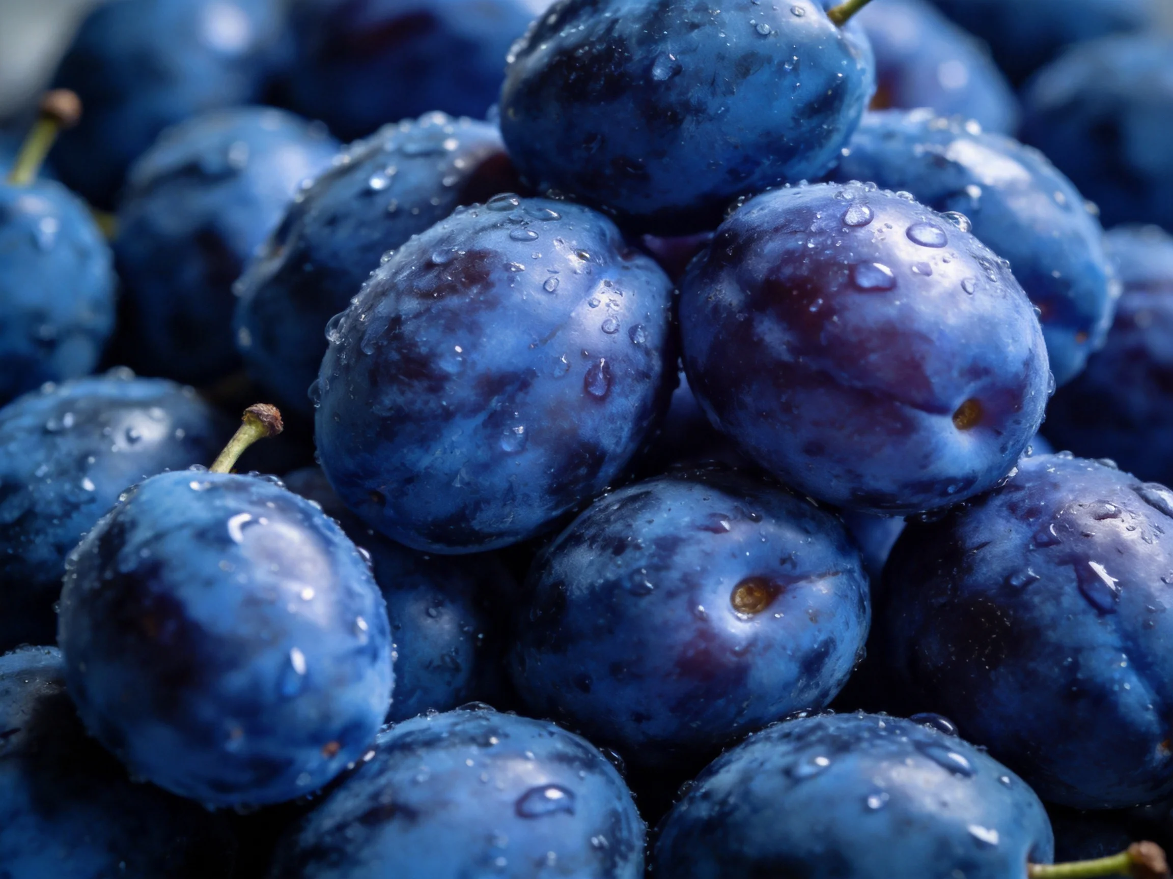 Dense pile of fresh dark blue plums with water droplets