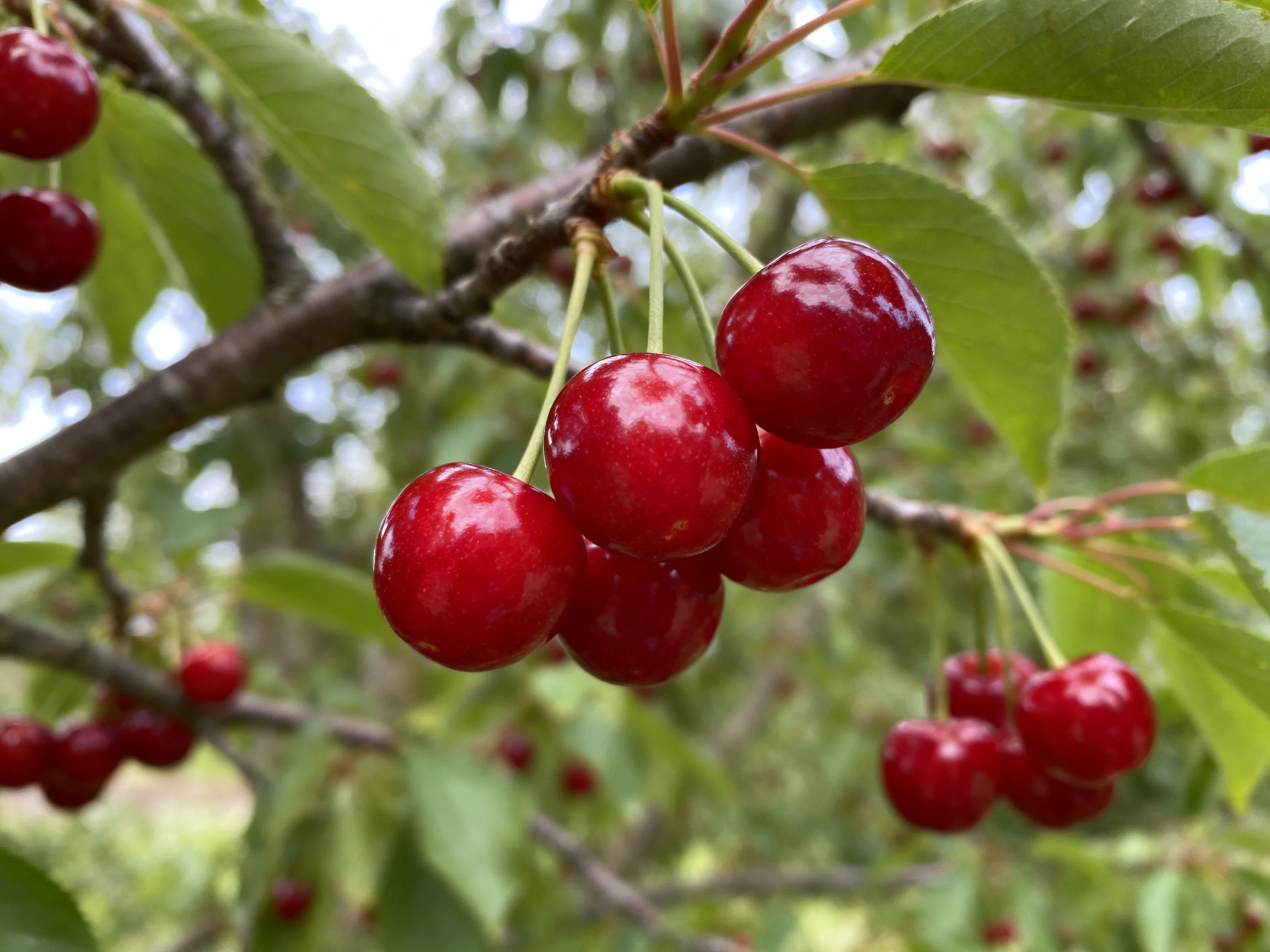 Dense red cherry clusters hang from tree branches amid green foliage
