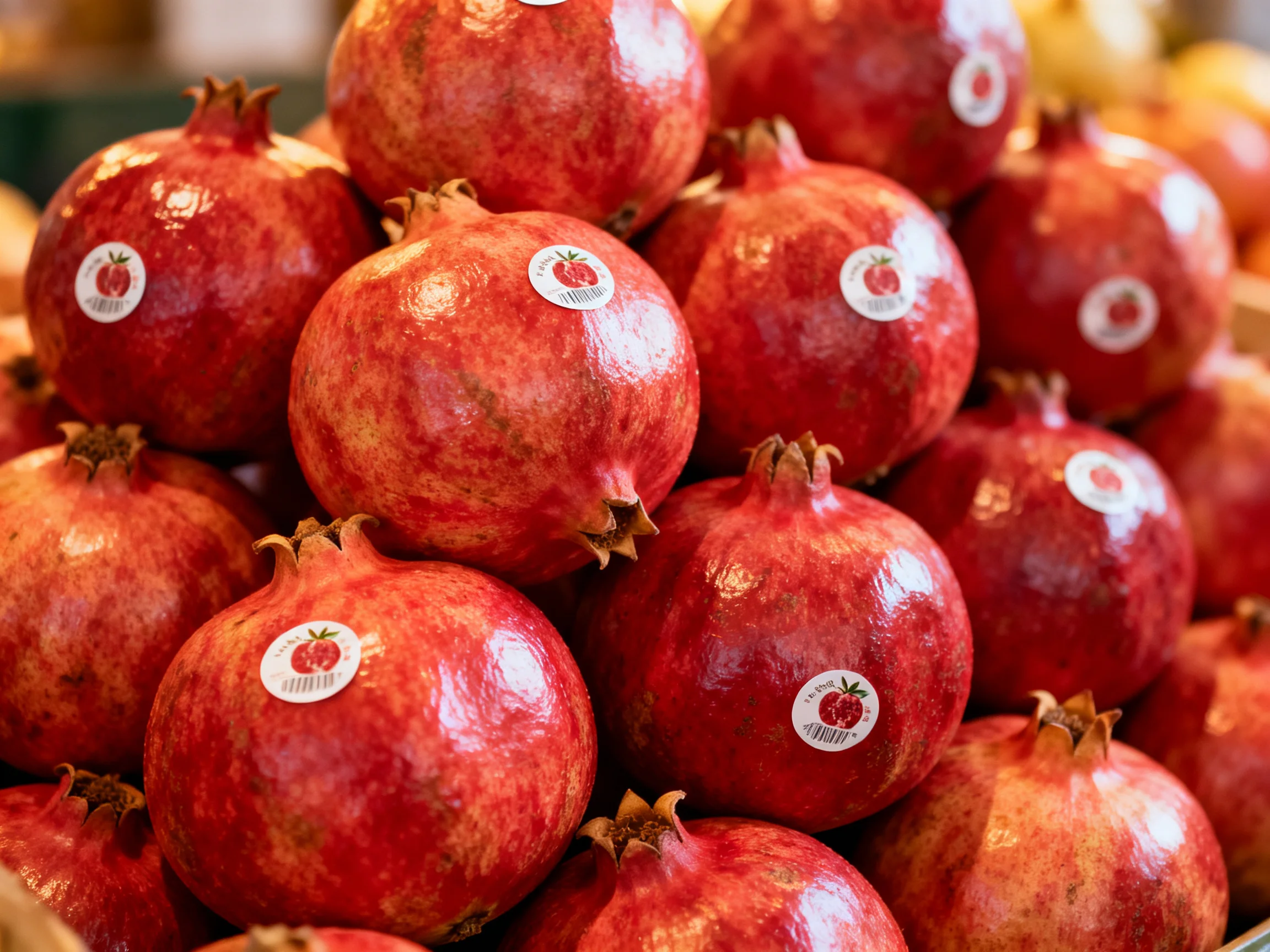 Dense stack of glossy red pomegranates with circular stickers