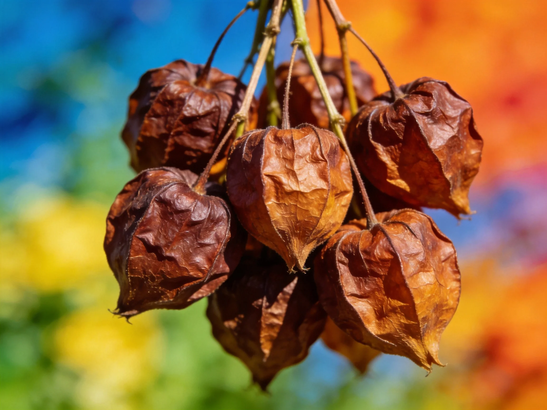 Dried brown lantern - shaped seed pods with vibrant blurred color backdrop