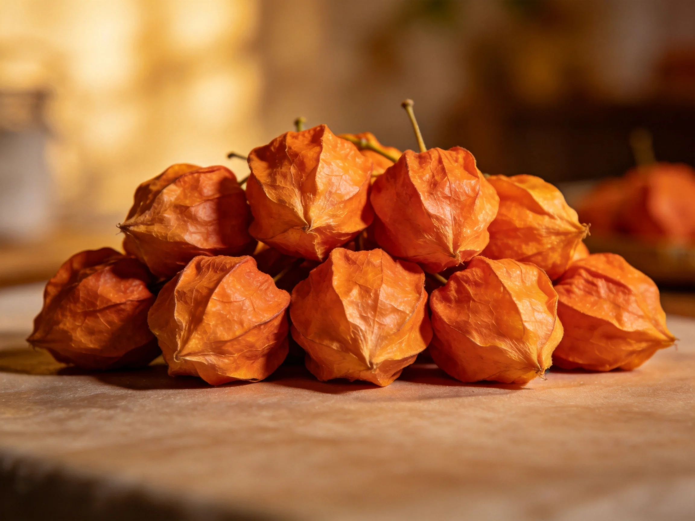 Dried orange physalis fruits stacked on a wooden surface