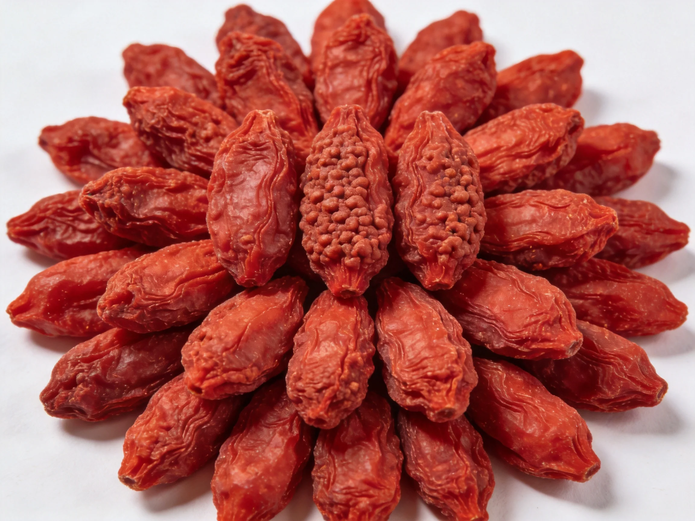 Dried red goji berries arranged in a circular formation