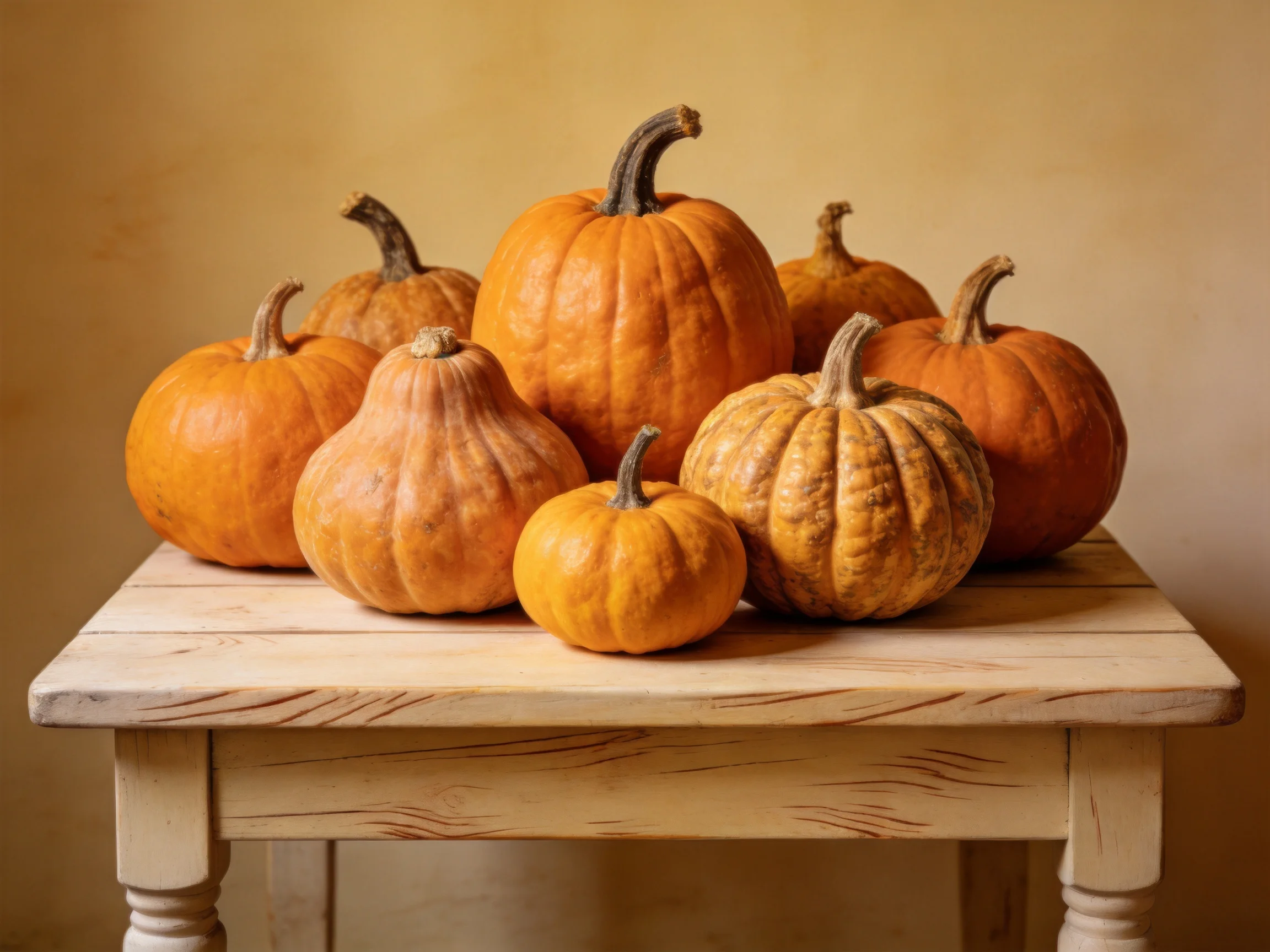 Eight assorted orange pumpkins arranged on a rustic wooden table
