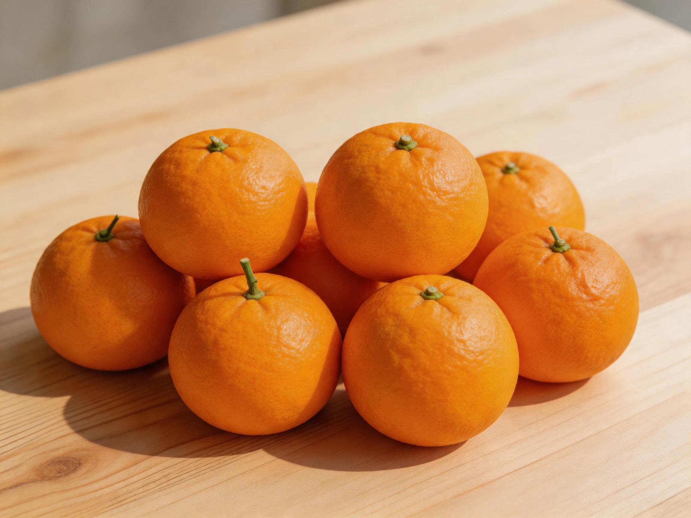 Eight bright oranges arranged in a cluster on a wooden table