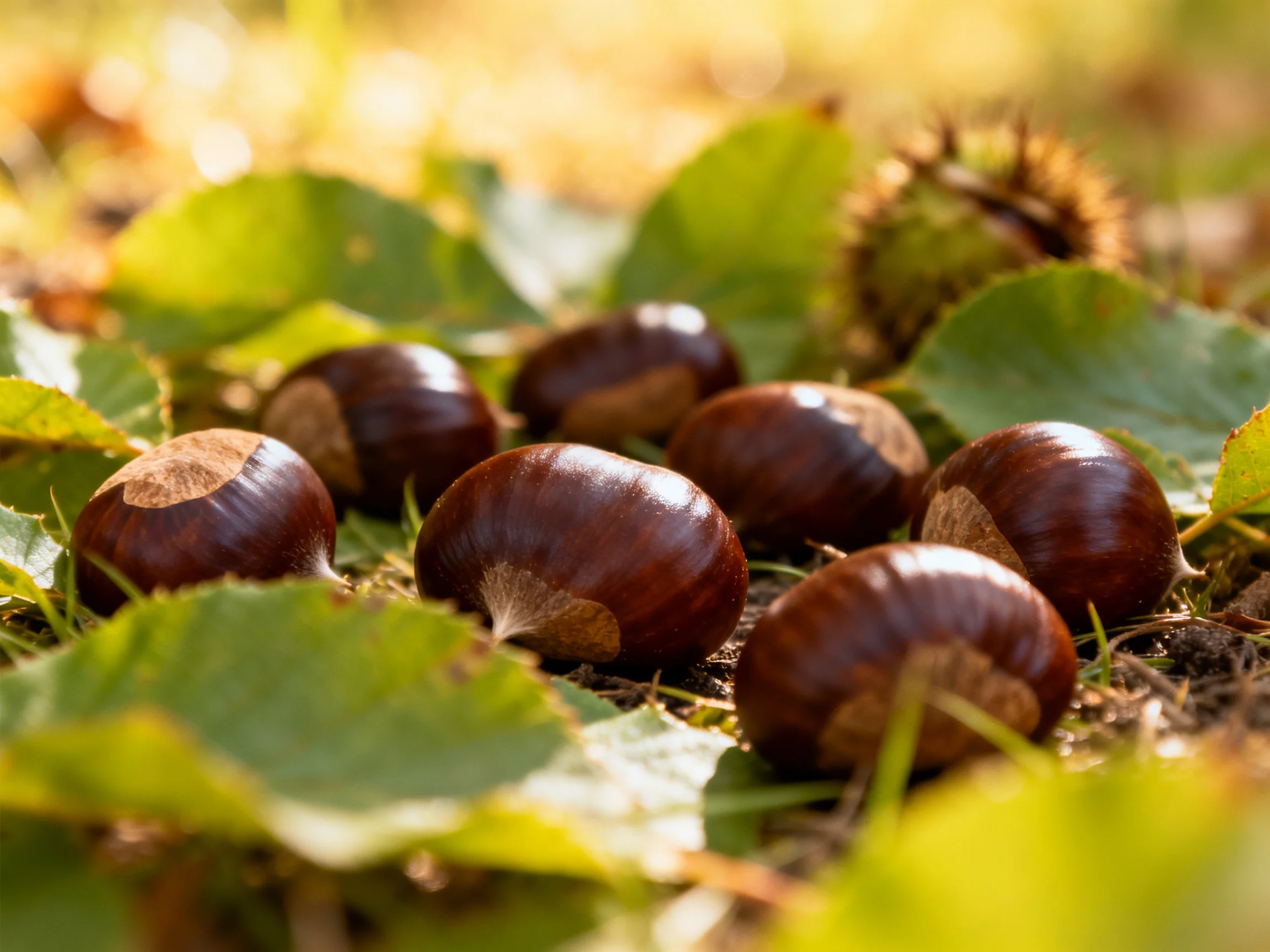 Eight glossy brown chestnuts rest among vibrant green leaves and earth