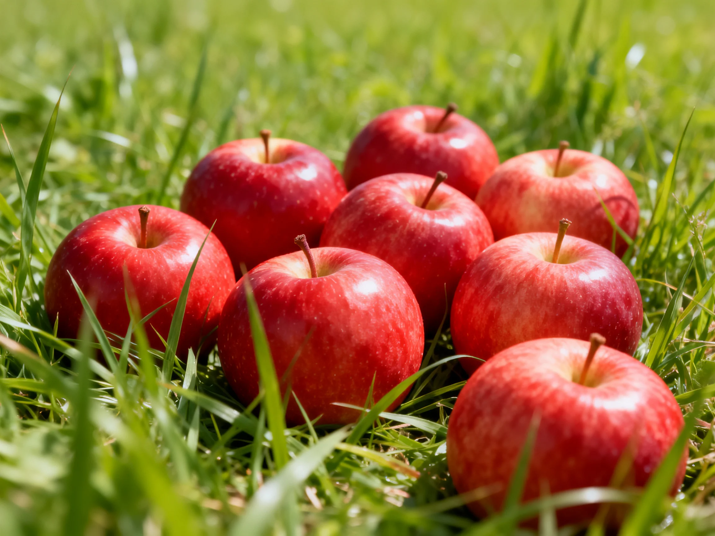 Eight glossy red apples arranged on lush green grass