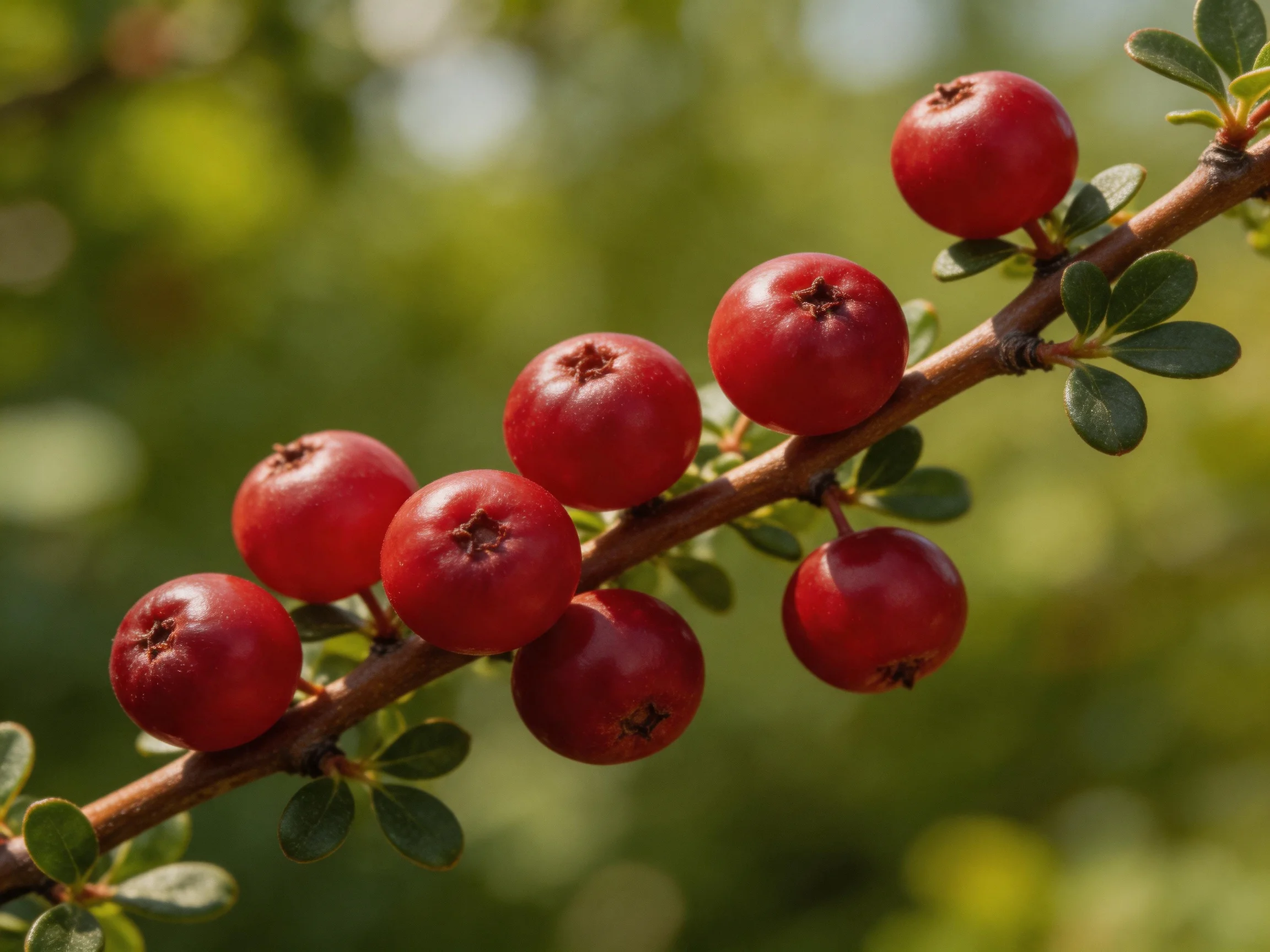 Eight glossy red berries cluster on a brown branch with small green leaves
