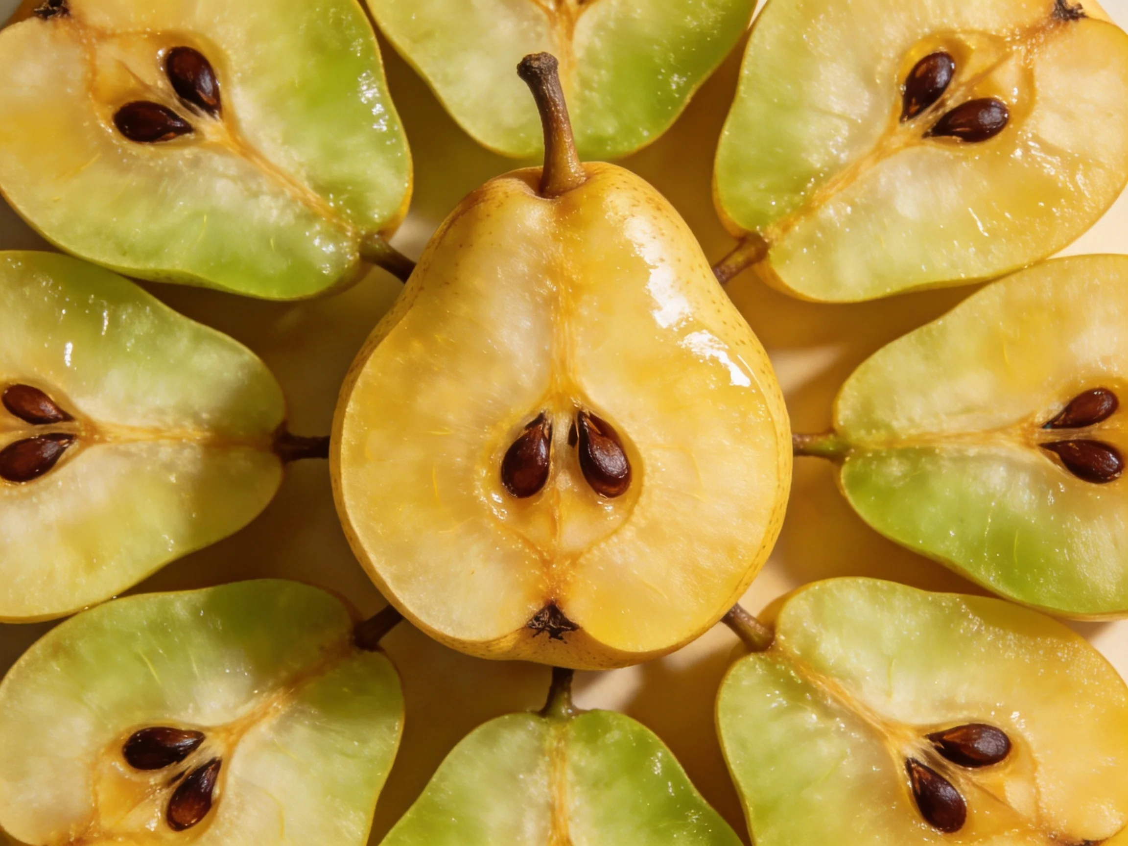 Eight sliced green-yellow pears arranged around a central whole pear