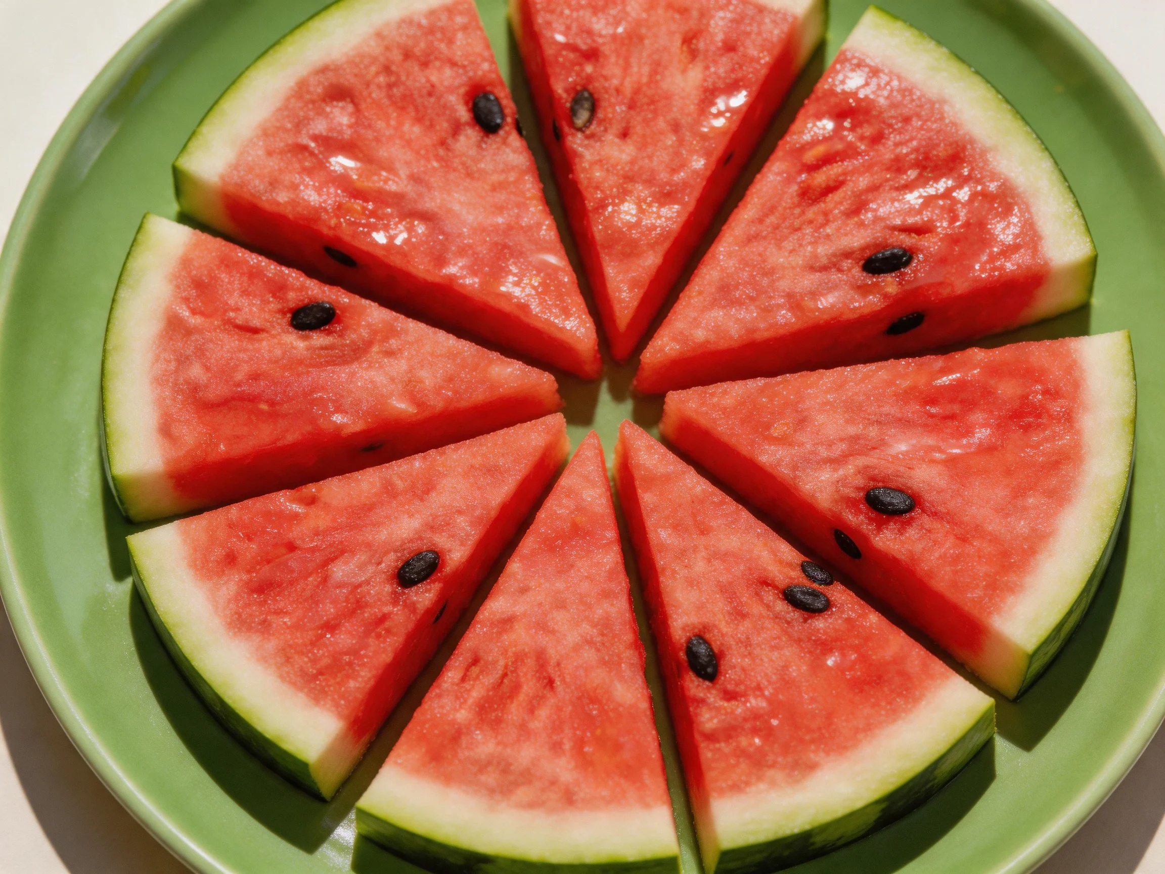 Eight triangular watermelon slices arranged on a green plate