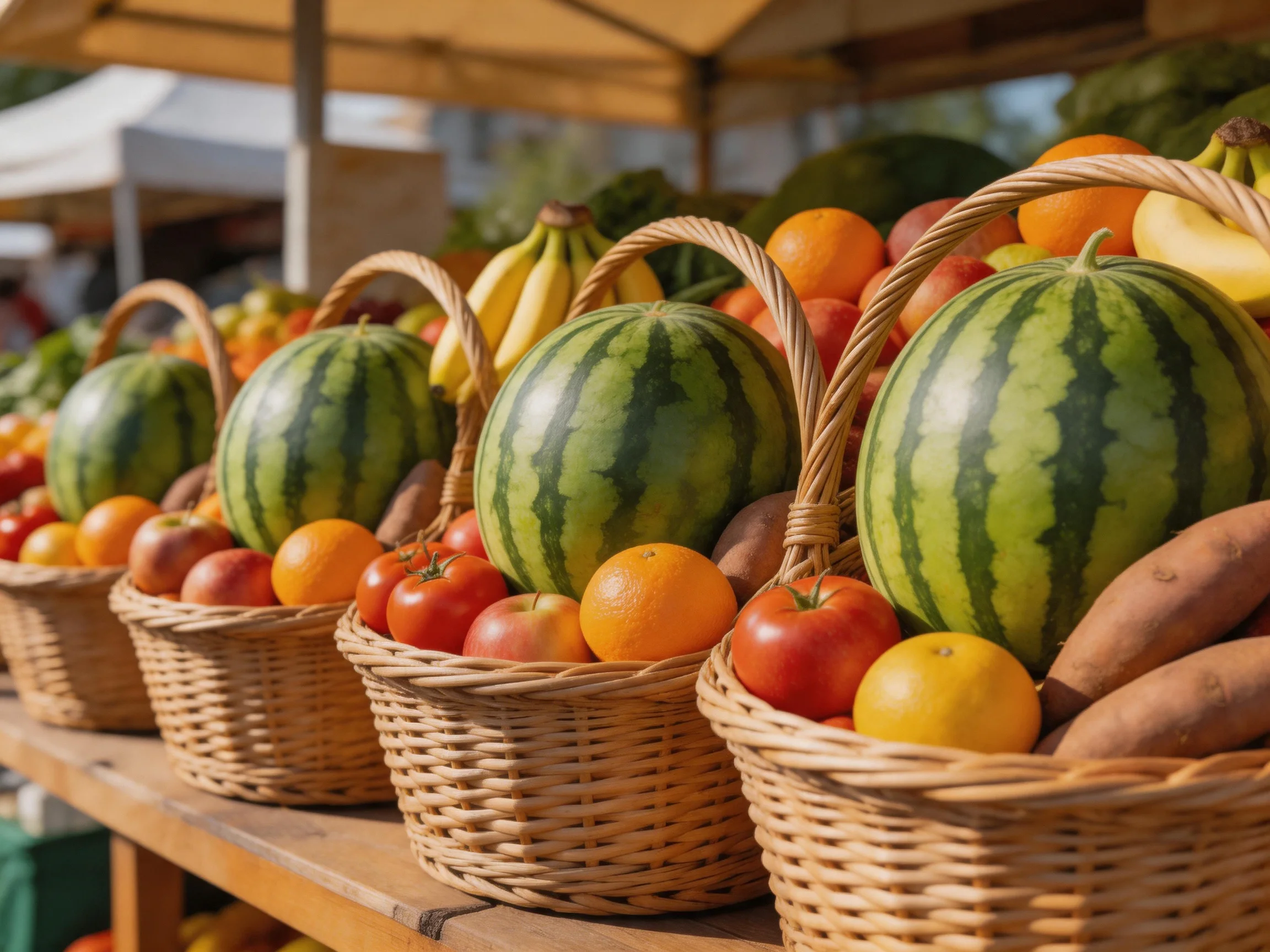 Five baskets hold vibrant fruits like watermelons, oranges, and bananas