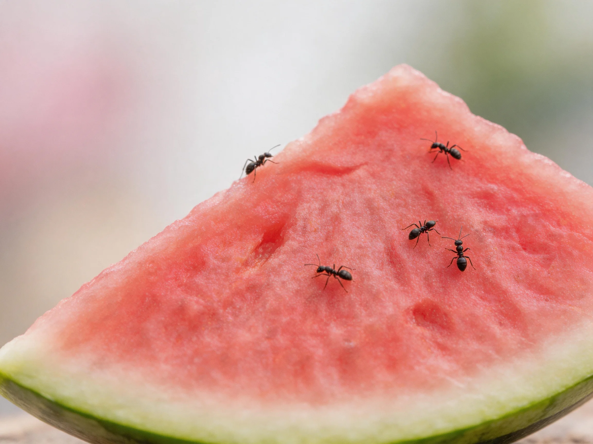 Five black ants crawling on a pink watermelon slice