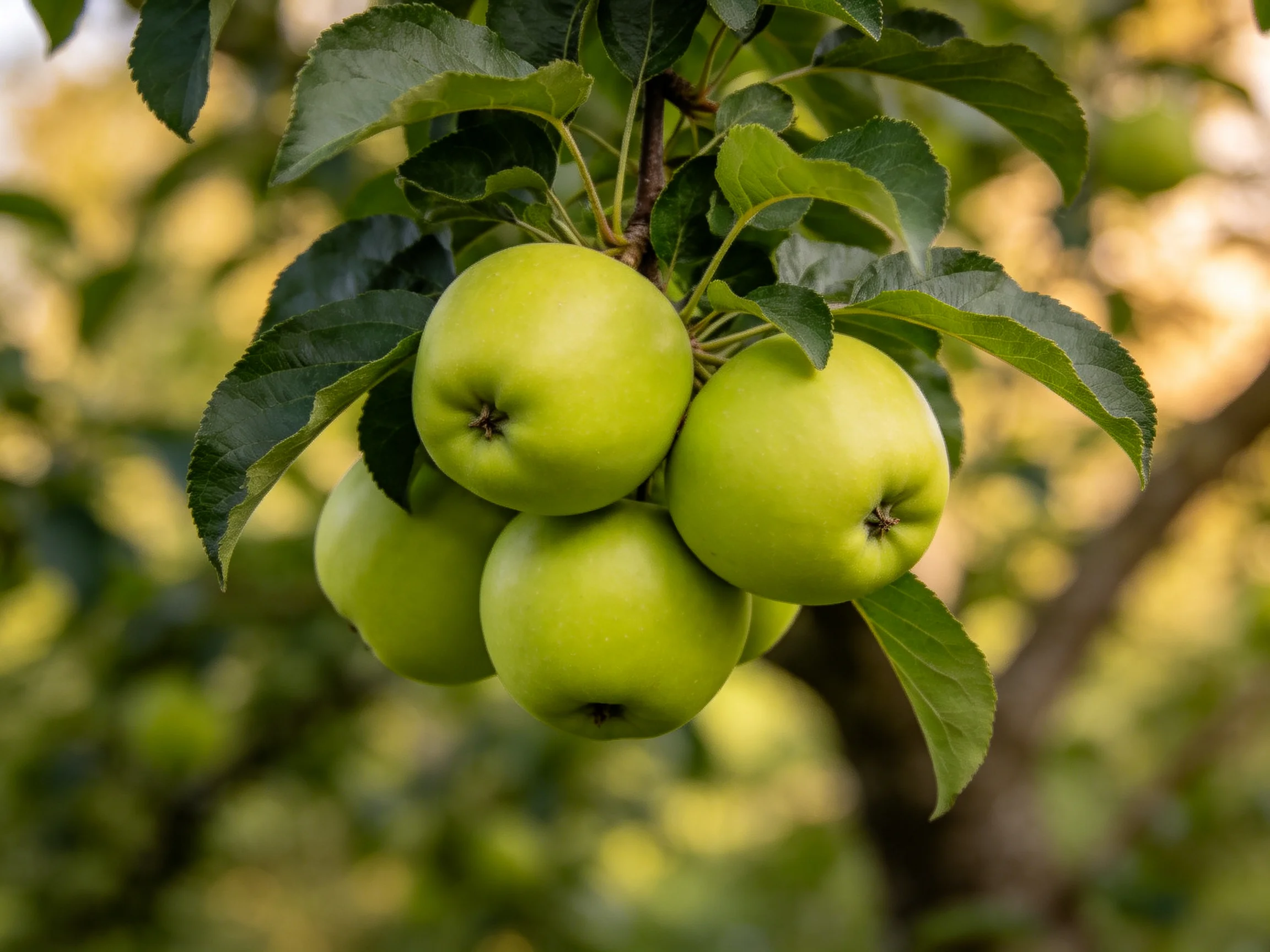 Five bright green apples cluster on an apple tree branch