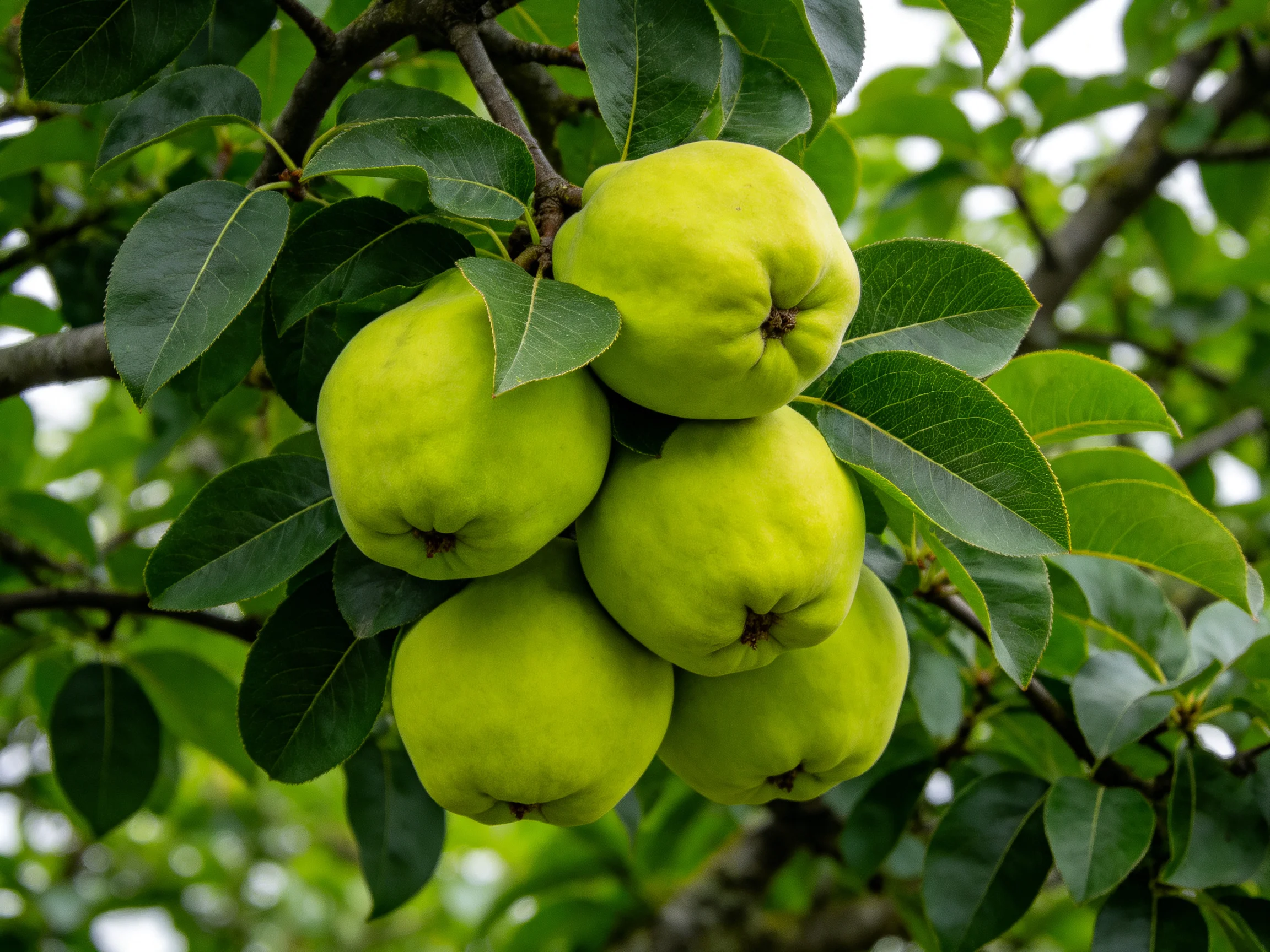 Five bright green fruits cluster on a leafy tree branch