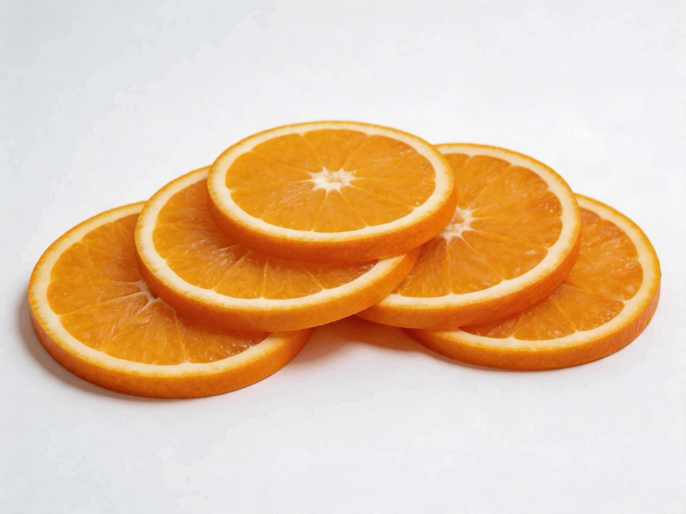Five bright orange citrus fruit slices stacked on a plain white background
