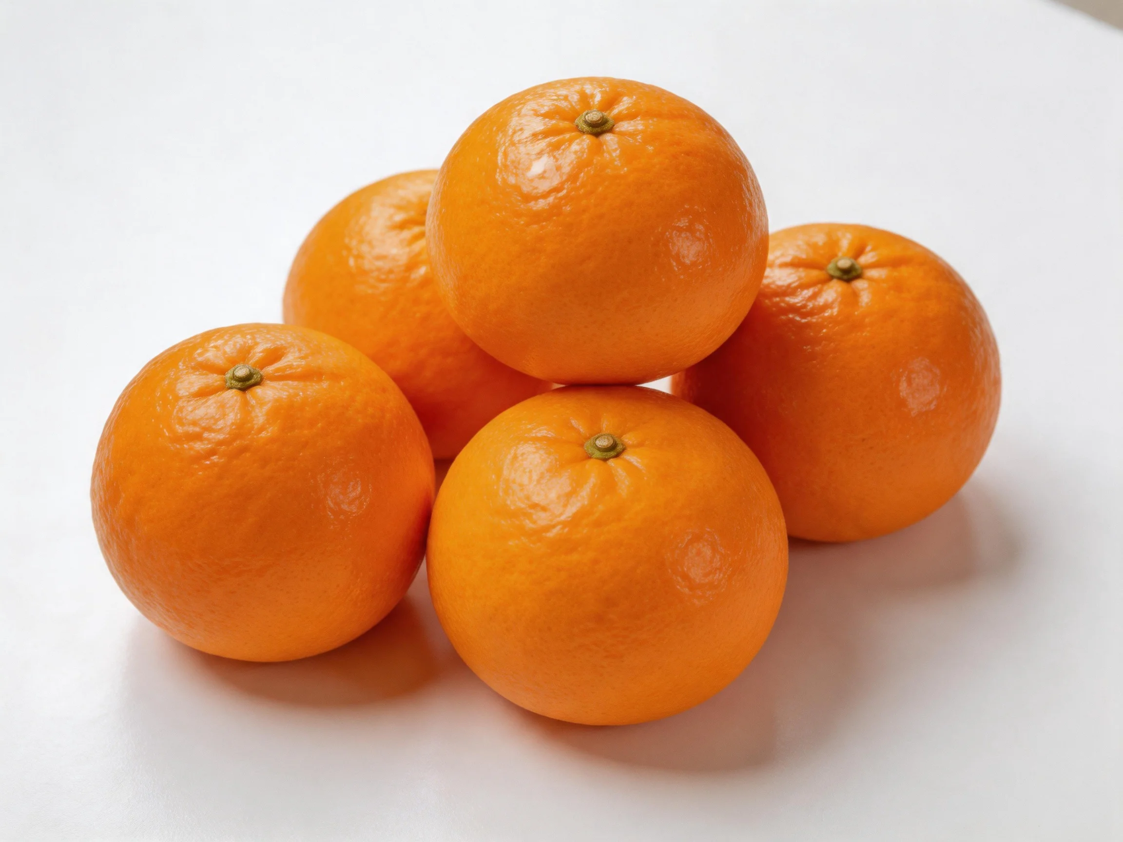 Five bright orange citrus fruits arranged in a pyramid formation