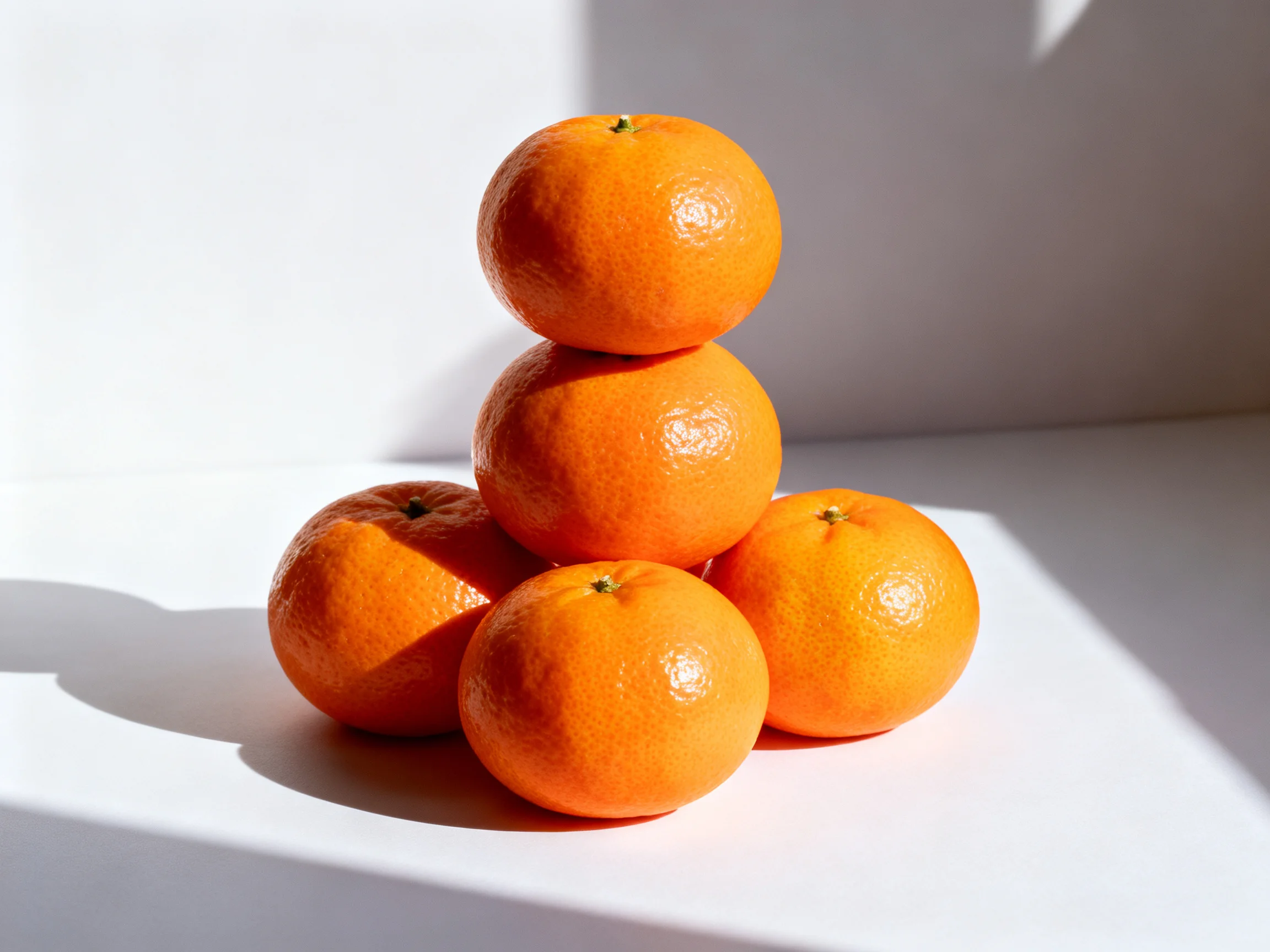 Five bright orange citrus fruits stacked in a pyramid formation