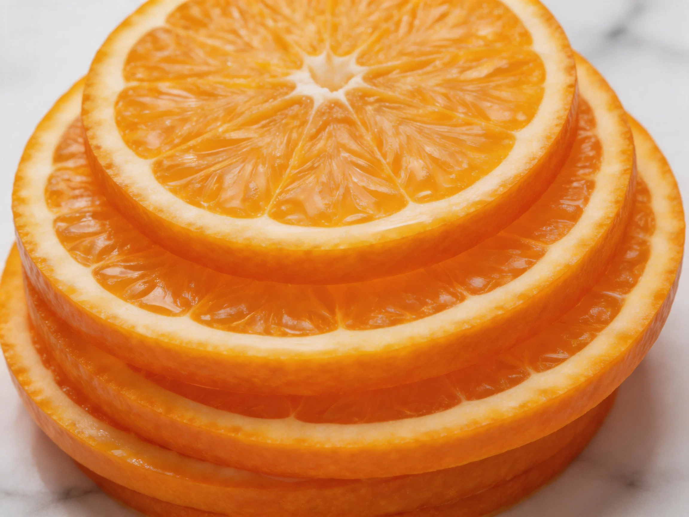 Five bright orange citrus slices stacked on a marble surface