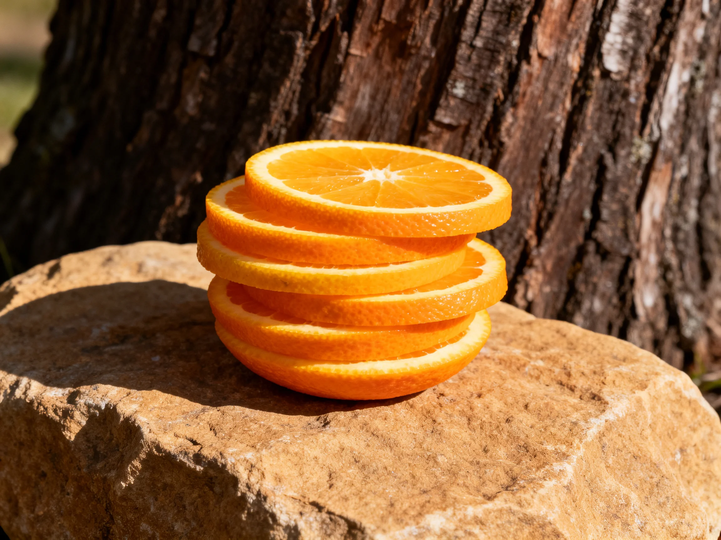 Five bright orange citrus slices stacked on a stone near a tree trunk