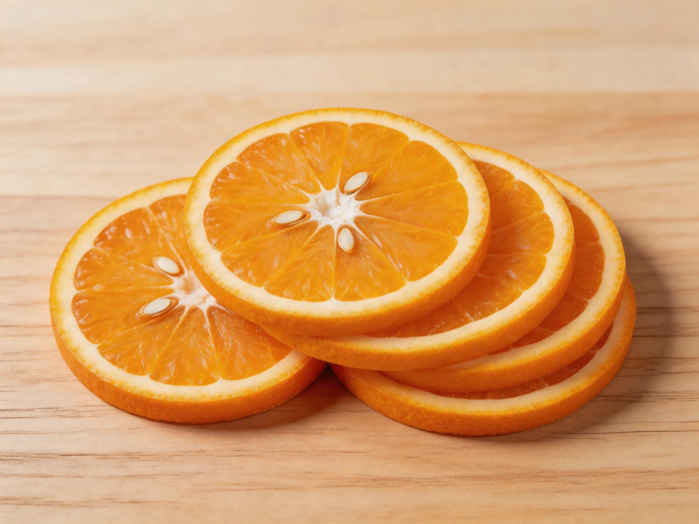 Five bright orange citrus slices stacked on a wooden surface