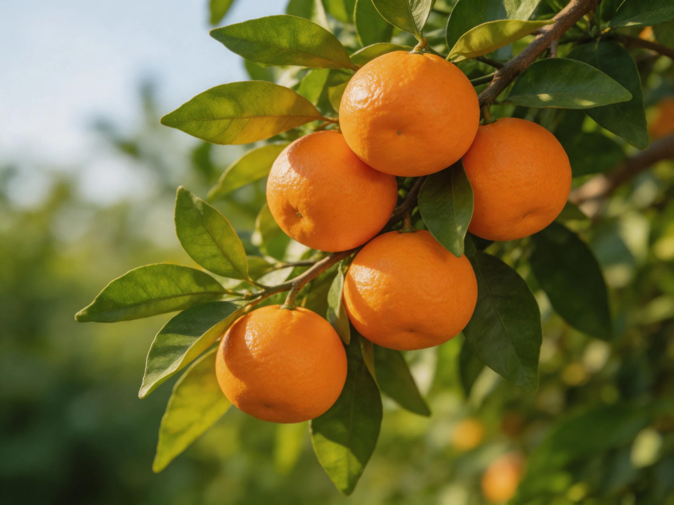 Five bright orange fruits cluster on a leafy tree branch