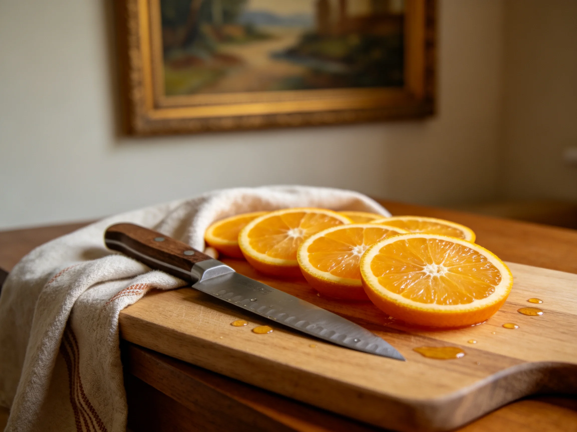 Five bright orange slices on a wooden cutting board with a knife