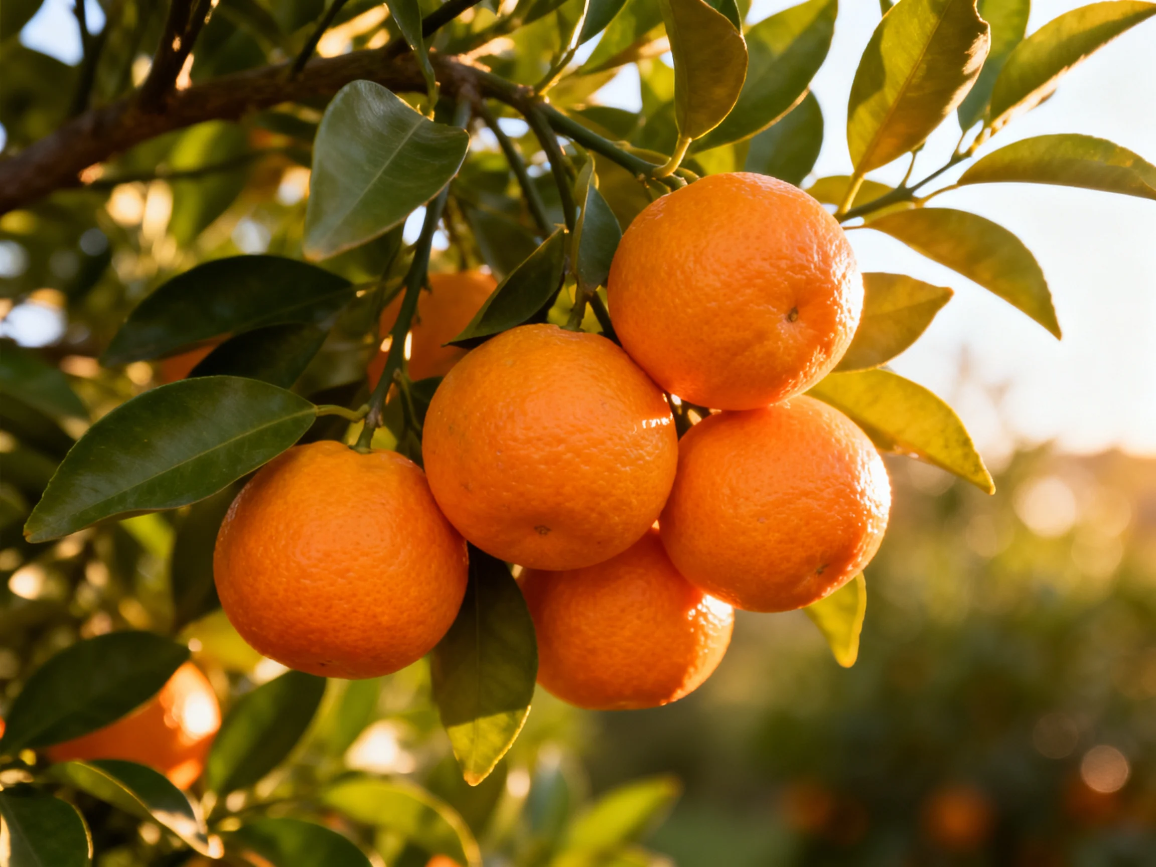 Five bright oranges cluster on a leafy citrus tree in sunlight