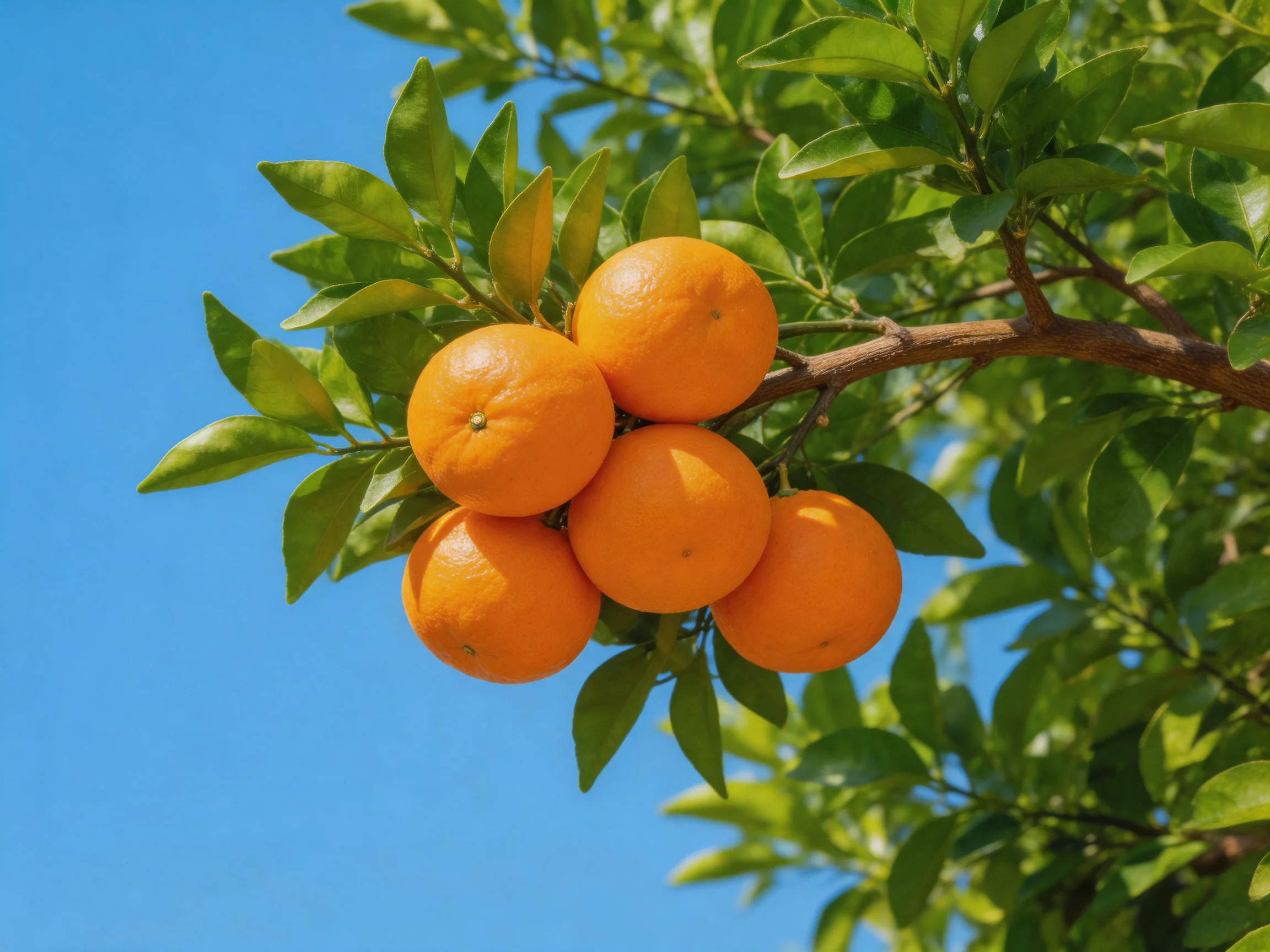 Five bright oranges cluster on a tree branch with green leaves